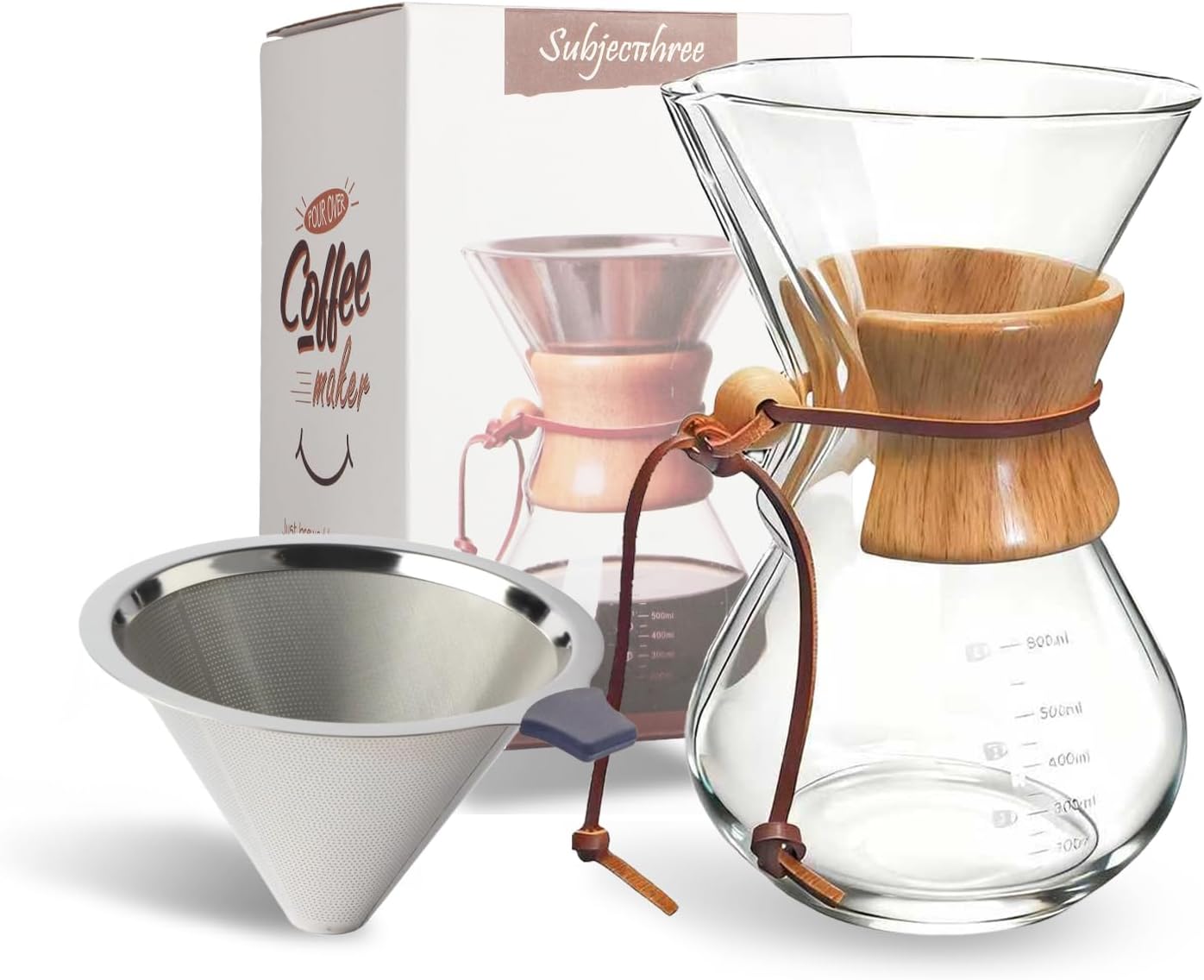 Pour Over Coffee Maker 20 oz Drip Coffee Pot Set Glass Carafe with Filter Subjectthree Manual Brewer for Camping (6 cup/20 oz)