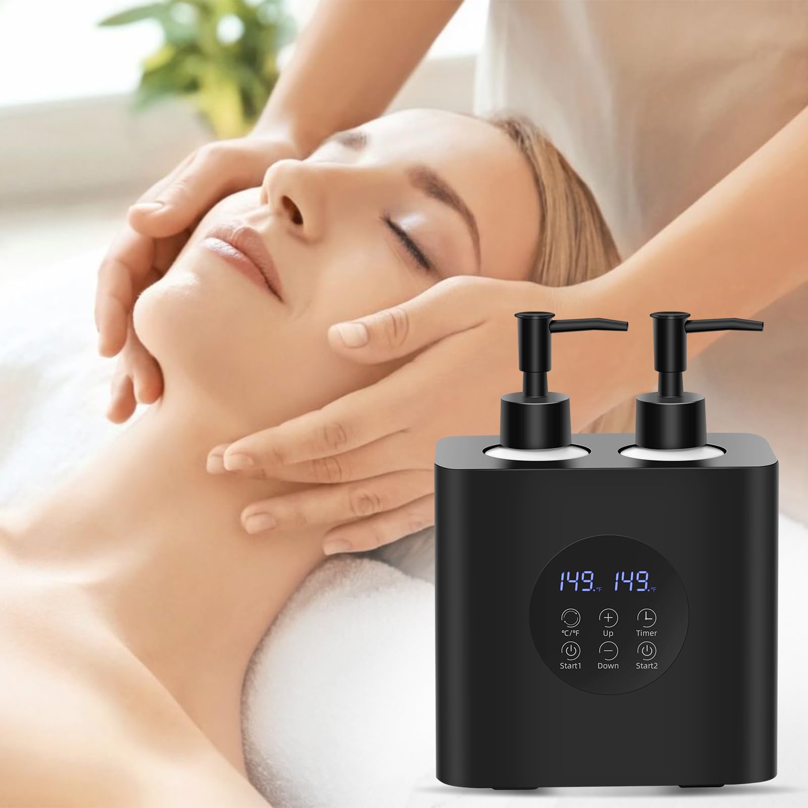 Yofuly - Scaldaolio da massaggio per massaggi, riscaldatore elettrico per olio da massaggio con quattro bottiglie di olio, scaldino crema portatile, dispenser riscaldato per spa, salone e uso