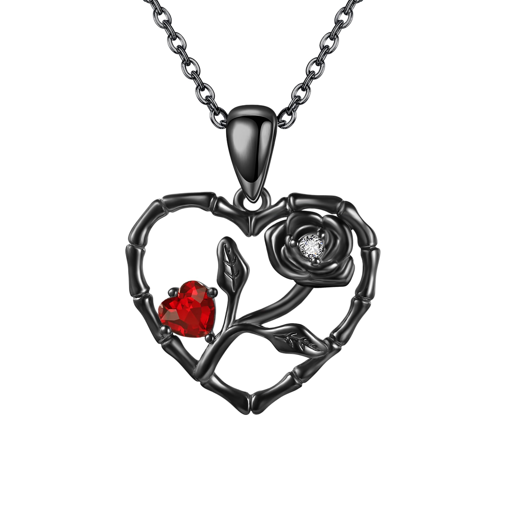 Black Rose Necklace Sterling Silver Rose Flower Heart Pendant
