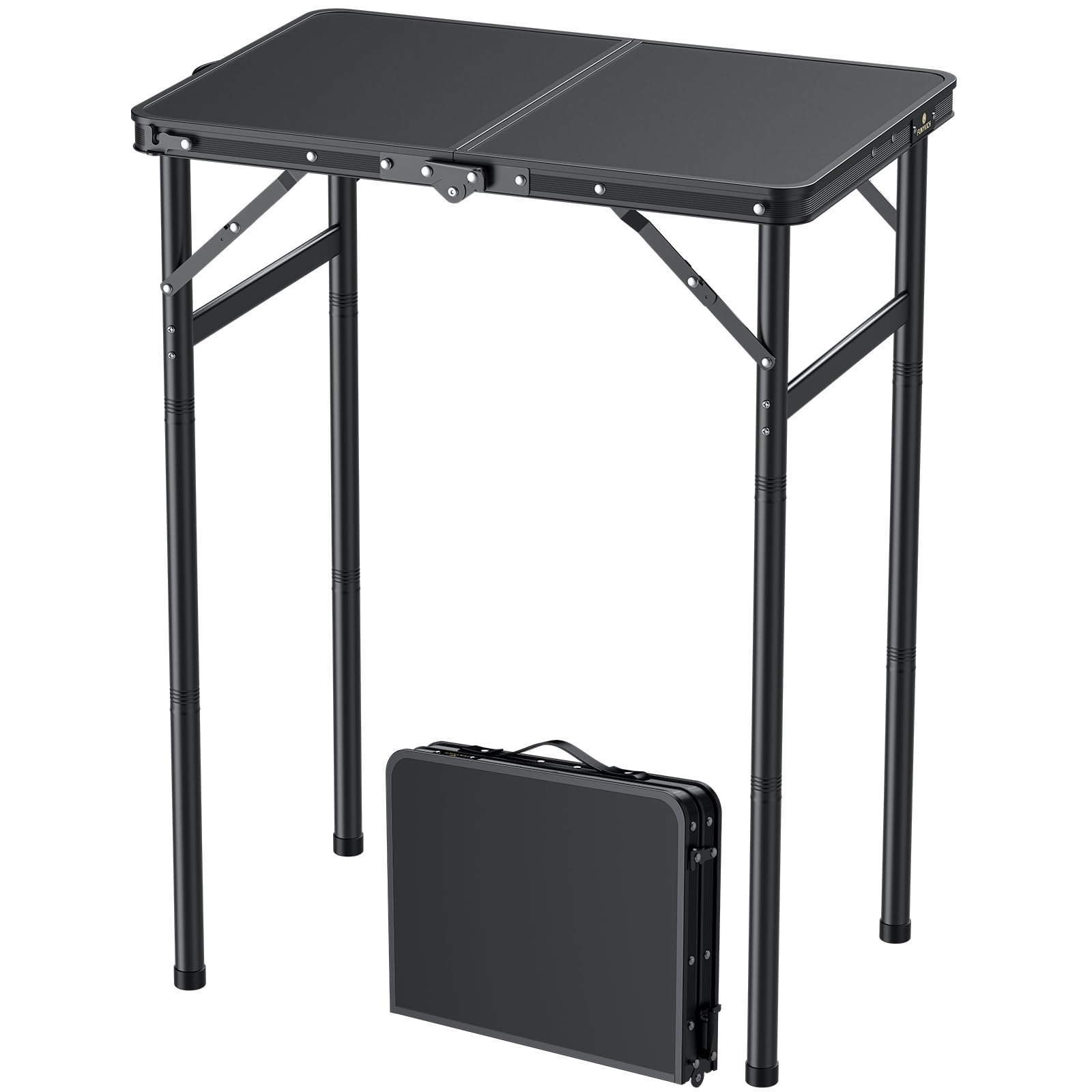 FUNYKICH Small Folding Table 2ft (60x40 cm), Max 75cm Tall Camping Tables 3 Height Adjustable, Lightweight Aluminum Outdoor Table with Carry Handle for Camping, Beach
