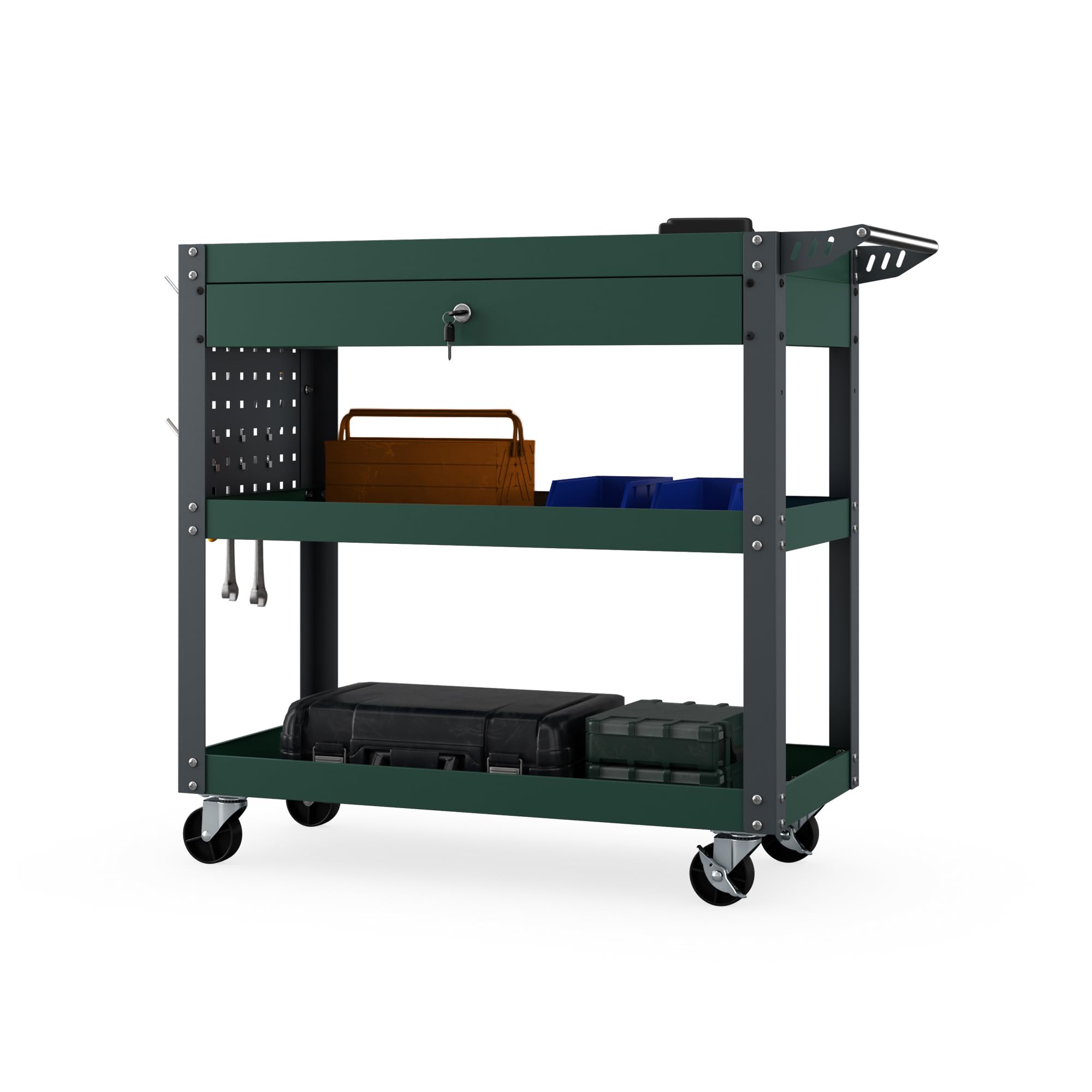 Jan Nowak Werkzeugwagen Metall, 3 Ablagen, Schublade, Lochwand, 80x80x38cm