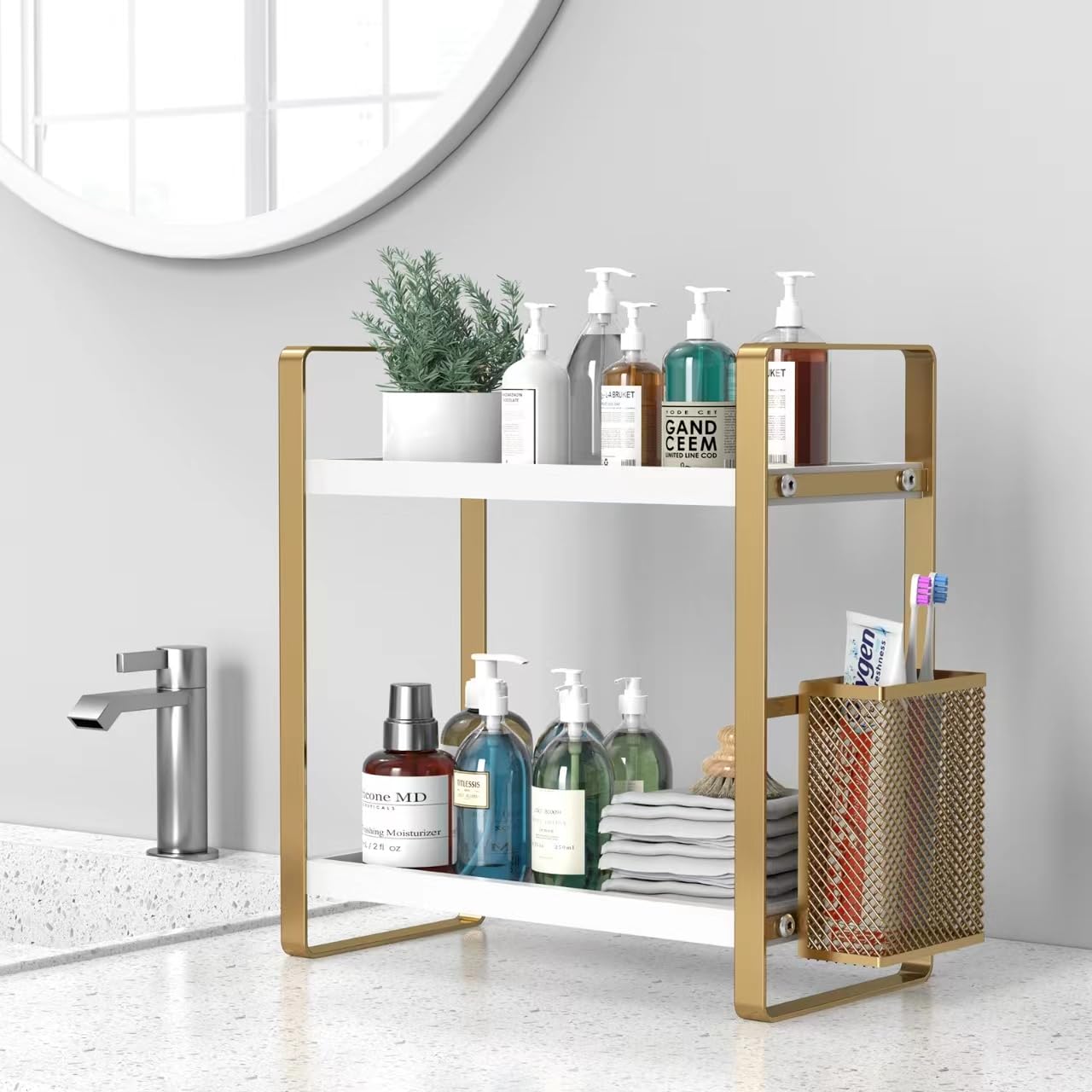 LEMIKKLE Organizer da bagno con cestino, organizer per bagno e stoccaggio, organizer per la cura della pelle per toeletta, organizer per bagno, cucina, cassettiera (bianco)