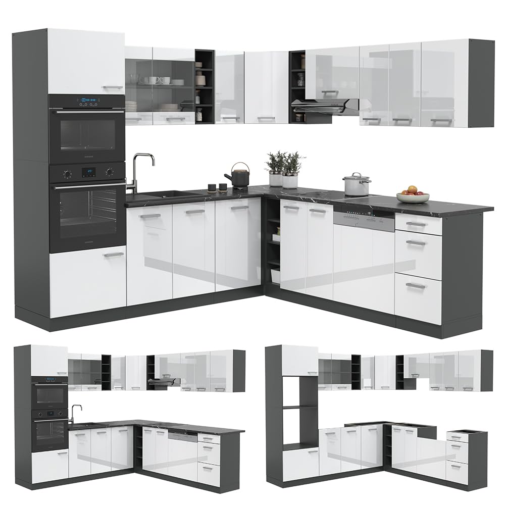 Vicco Eckküche R-Line, Weiß Hochglanz/Anthrazit, 247 x 237 cm | ohne Arbeitsplatte, für variable Küchenplanung und modulare Erweiterung