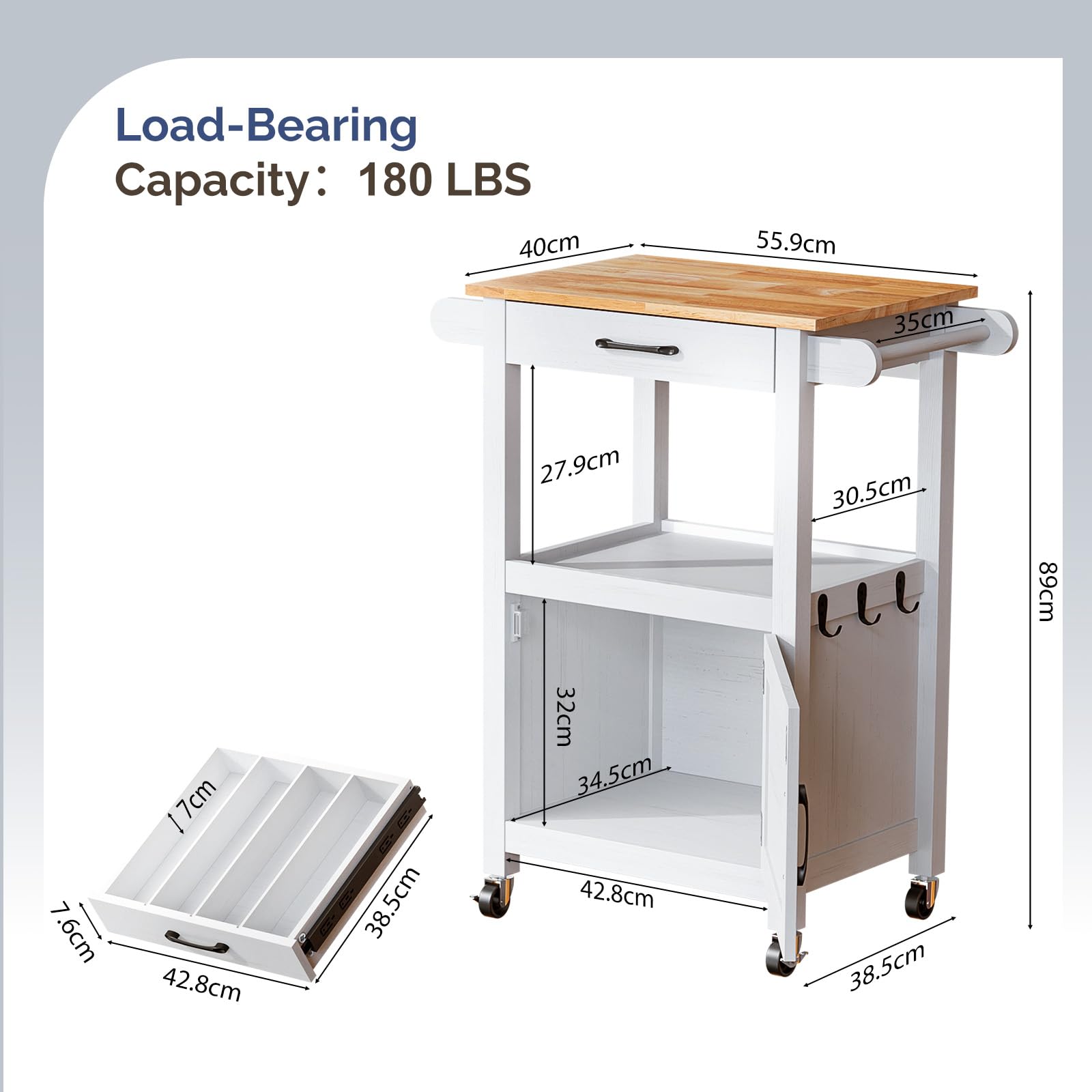 Bonnlo Carrello Cucina Mobile, Carrello Portaoggetti con Ruote, Cassetto e Armadietto, Piano di Lavoro in Legno, Bianco, Carrello Servizio per Sala da Pranzo, 74 x 63 x 89 cm