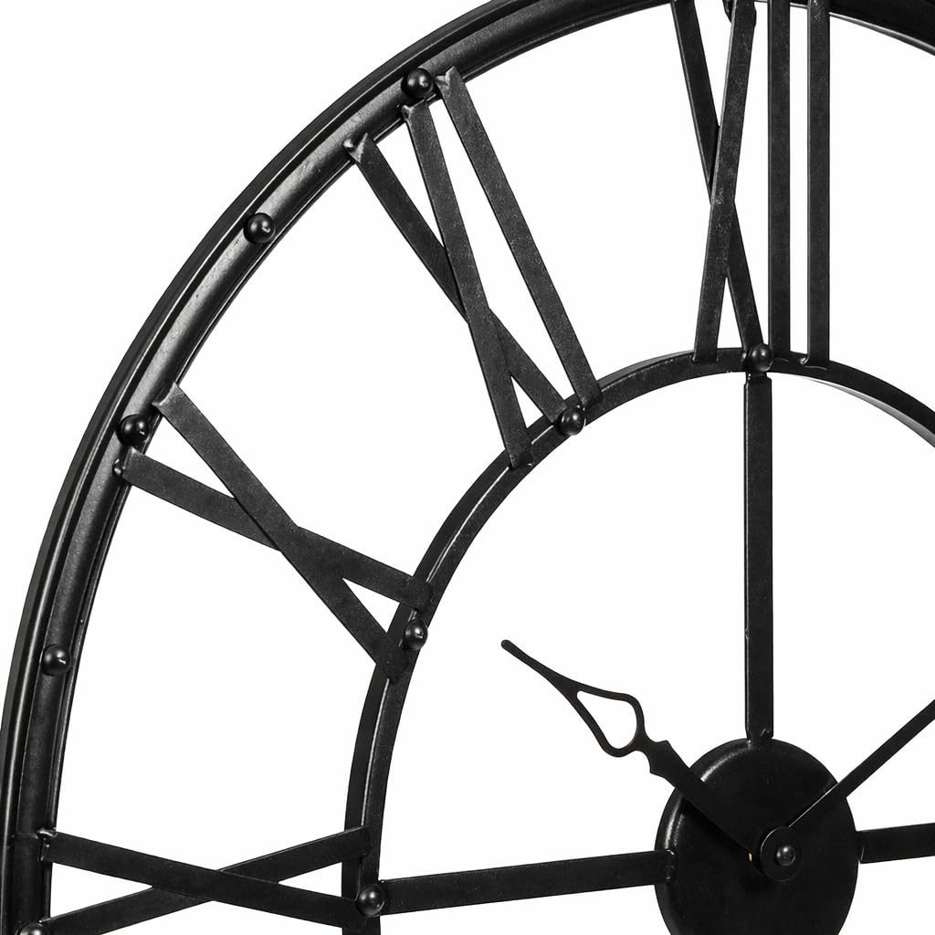 Grande horloge murale en métal - Diamètre : 70 cm - Noir - Design squelette industriel vintage avec chiffres romains - Horloge à cadran ouvert - Mouvement silencieux - Pour salon, cuisine