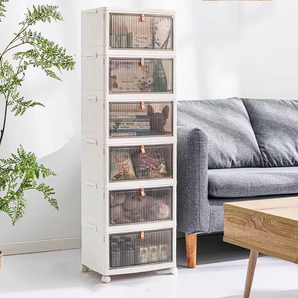 Boîte de rangement pliante en plastique avec casier de porte, transparent, avec couvercle et roulettes (deuxième étage)