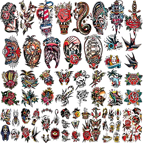 55 Sheets Classic Full Arm Temporary Tattoos Old School Tattoos Stickers, Sailor Jerry Style Fake Tattoo Sleeve, American Traditional Flower Half Arm Temporary Tattoos For Women Men Adults Kids #TOP1