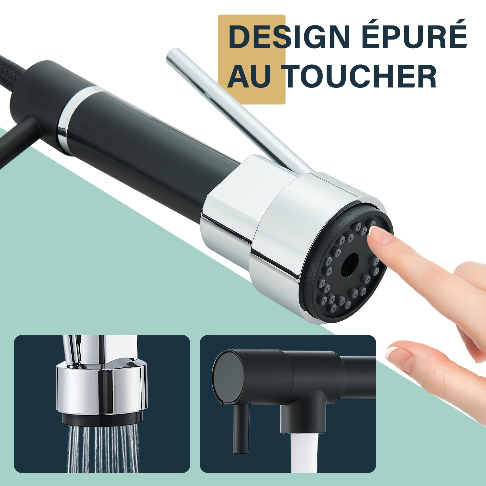 Robinet de Cuisine Noir Mitigeur Deux Jets Douchette Flexible Pivotante Rétractable Bec Haut Arc Élevé Rotatif 360°