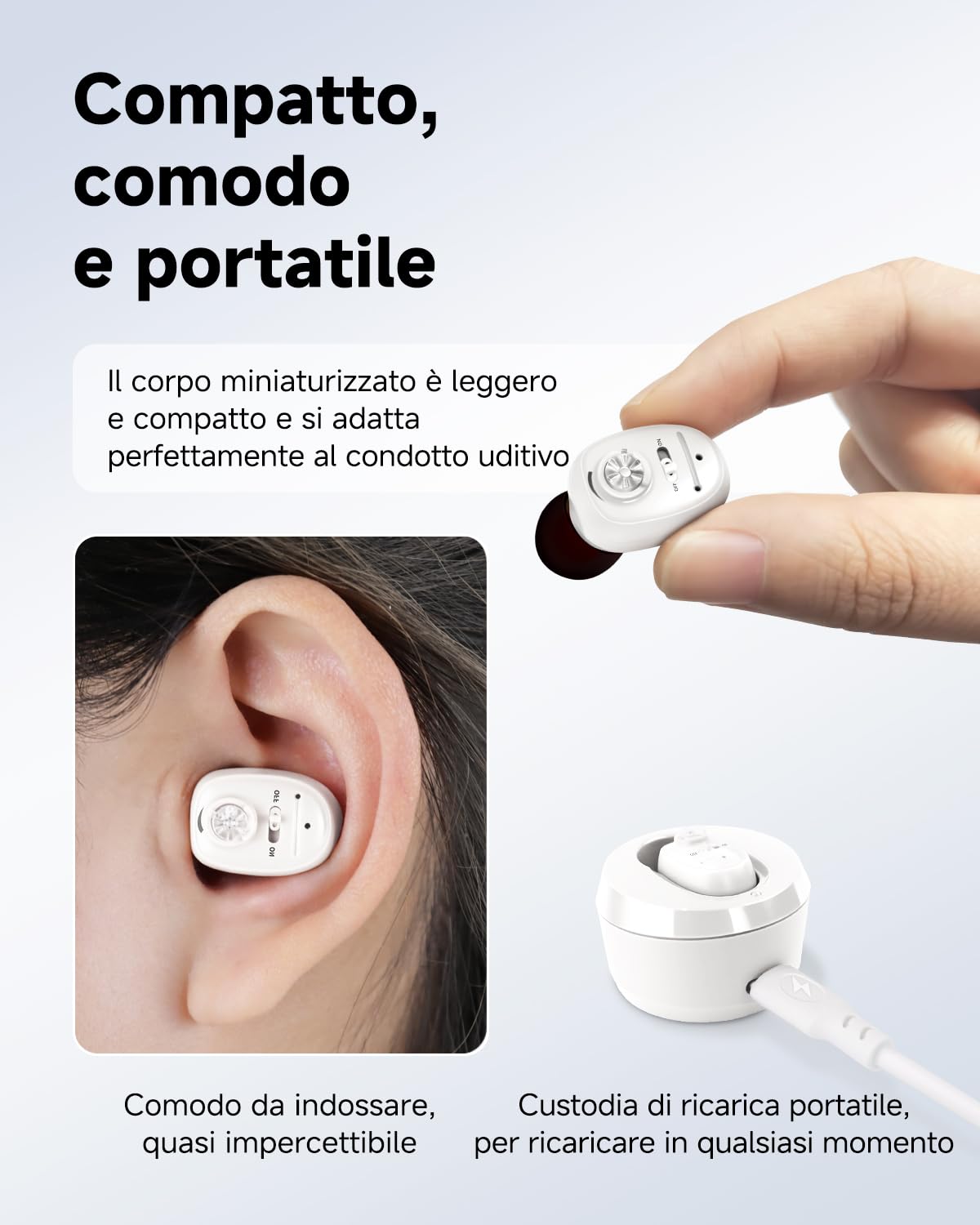 Britzgo Amplificatore Acustico VHP-1607 con Riduzione Intelligente del Rumore, Custodia di Ricarica Portatile, Design Ergonomico a L, Autonomia fino a 48 Ore e Ricarica USB (Bianco)