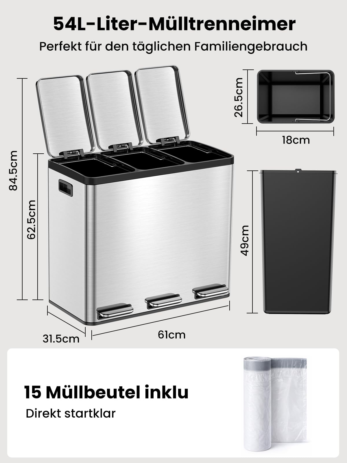 YEAUPE PRO Poubelle Cuisine 3x18L à Pédale, 54L Inox Poubelle Tri Sélectif 3 Compartiments, Triple Ouverture Indépendante, Soft Close Silencieux, Bacs Amovibles, 15 Sacs Inclus