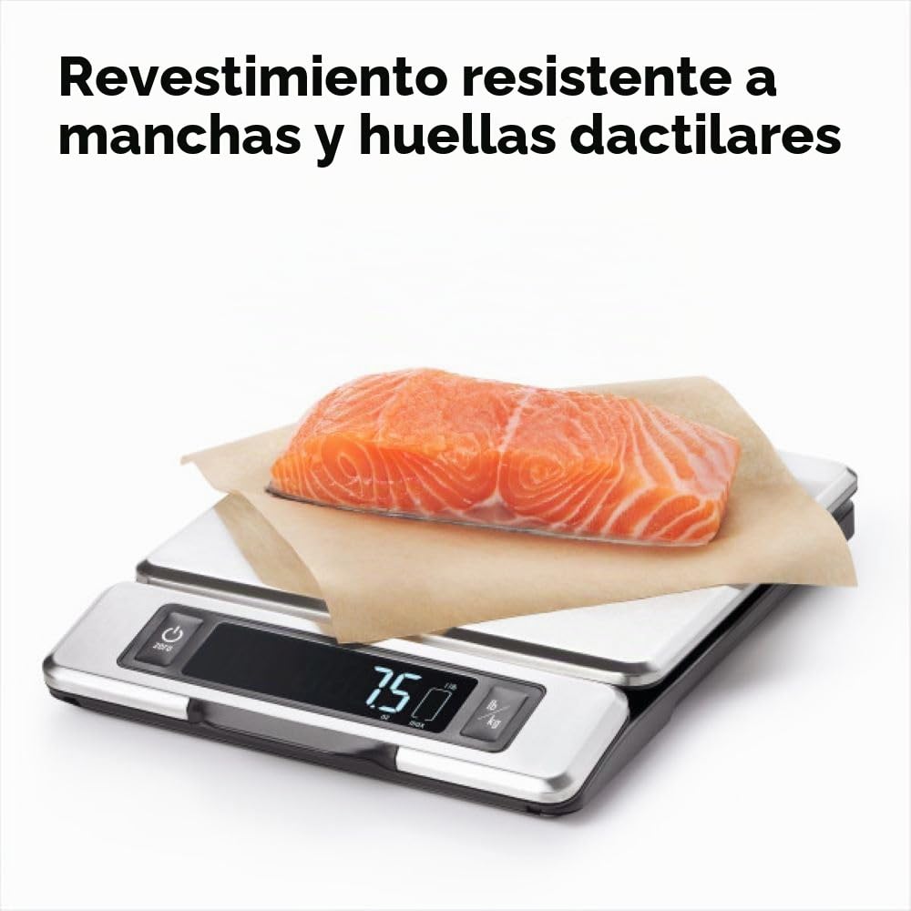 OXO Good Grips Balanza de Cocina de Acero Inoxidable de 5 kg: Pantalla Extraíble para Visualización sin Sombras + Números Digitales Fáciles de Leer + Diseño Compacto