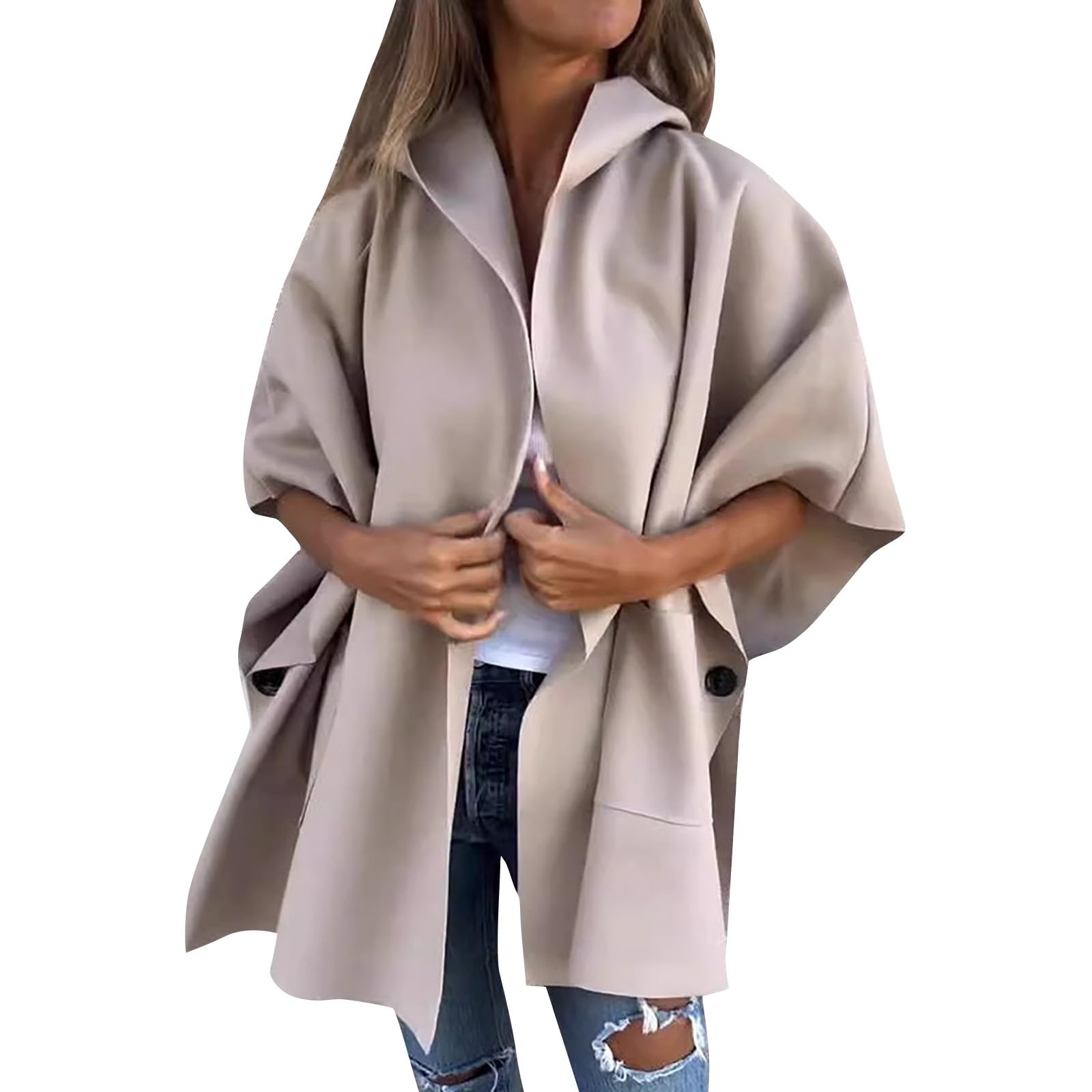 Mantel Damen Mit Kapuze Poncho Cape Wollmantel Einfarbig Jacke Damen Winter Herbstmantel Frauen Mit Taschen Cardigan Elegant Poncho Strickjacke Open Front Cape Damen-Jacken Büro Zuhause