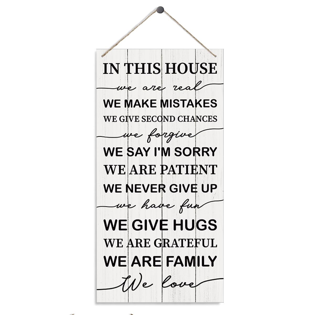 In This House Sign, Inspirational Wood Sign, Hanging Printed Wooden Plaque Decor, House Door Sign, Welcome Decor for Front Door Porch, Love Home Decoration, Fam