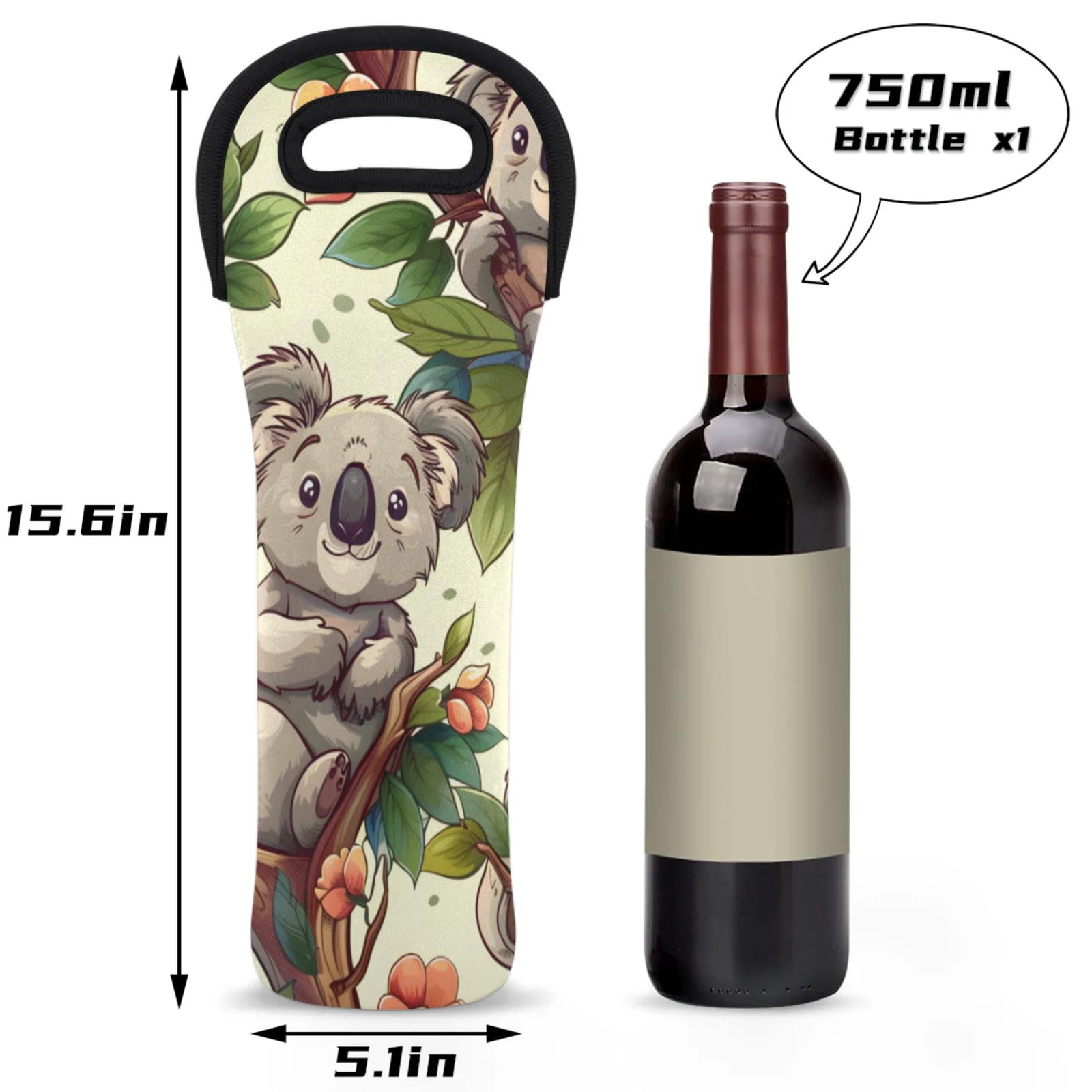 Neoprene Wine Tote Carrier Bag for Wine,Water, Champagne, Beer, Baby Bottles 15.6 x 5.1 Inches, Protective Wine Bag,Koalas