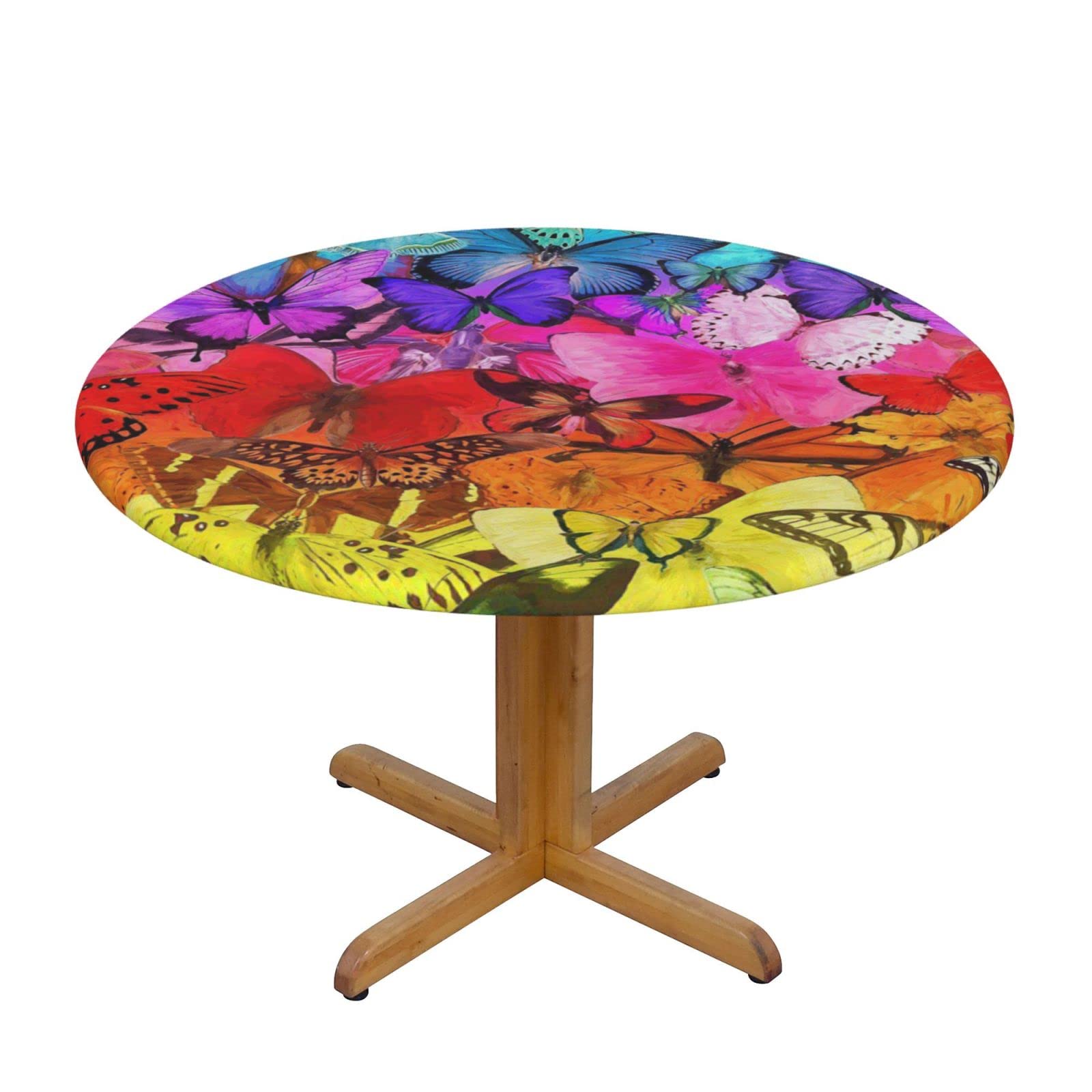 Lsjuee Round Fitted Tablecloth 45-50in Elastic Edged Table Cloth for Kitchen Dining Party Home Decor - Rainbow Gradient Butterfly
