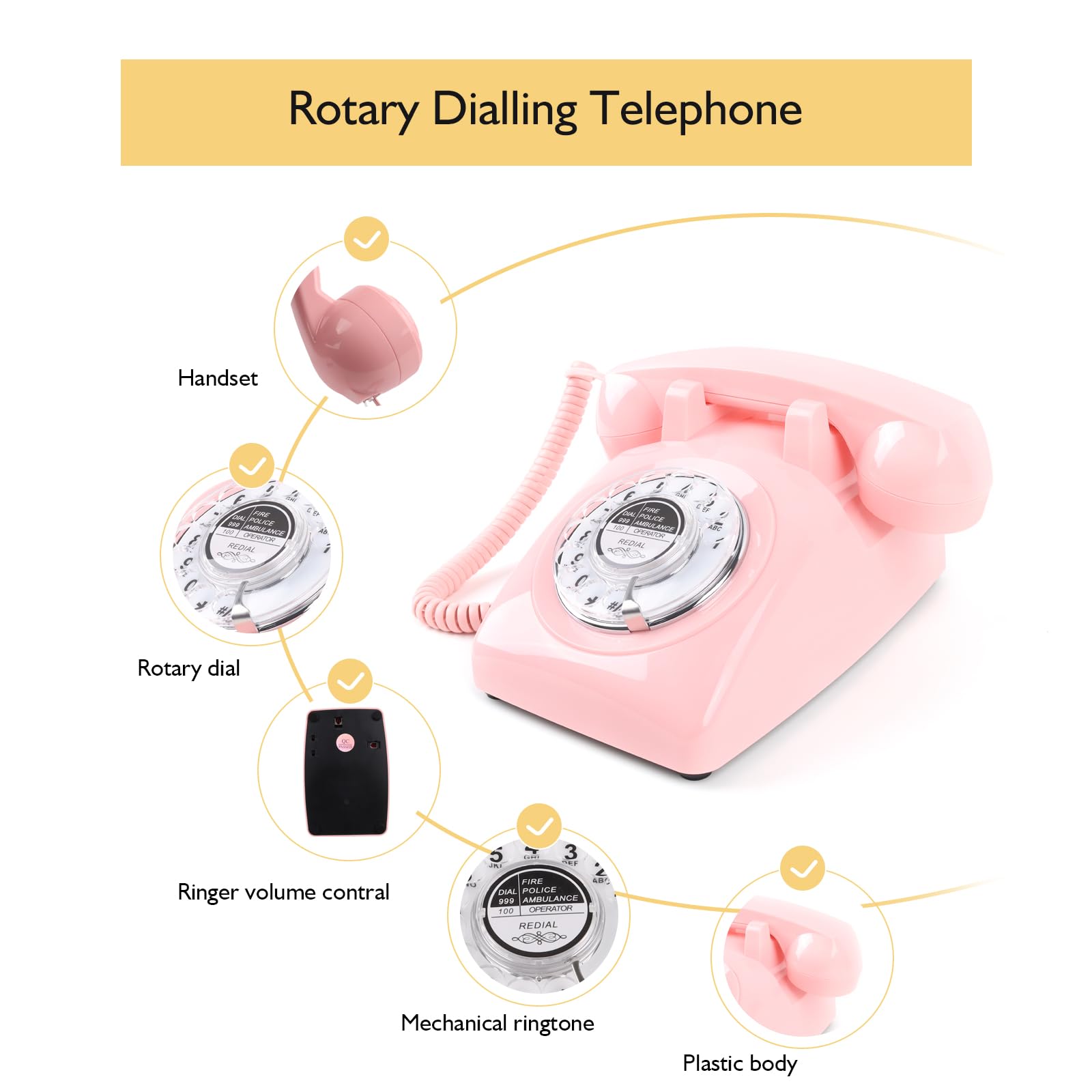 Telefono retrò con cavo, vintage vecchio telefono per telefono fisso, rosa | Telefono classico rotante analogico da scrivania con ricomposizione tradizionale per casa, ufficio, hotel, scuola