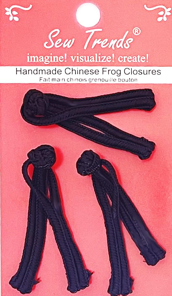SEW TRENDZChinese Frogs Button Closures Hook & Eye Fastener Black Straight Loop & Knot Design 3 Pair/pk Sewing Quilting Renaissance Dance Chefs Coat Costumes Outfit