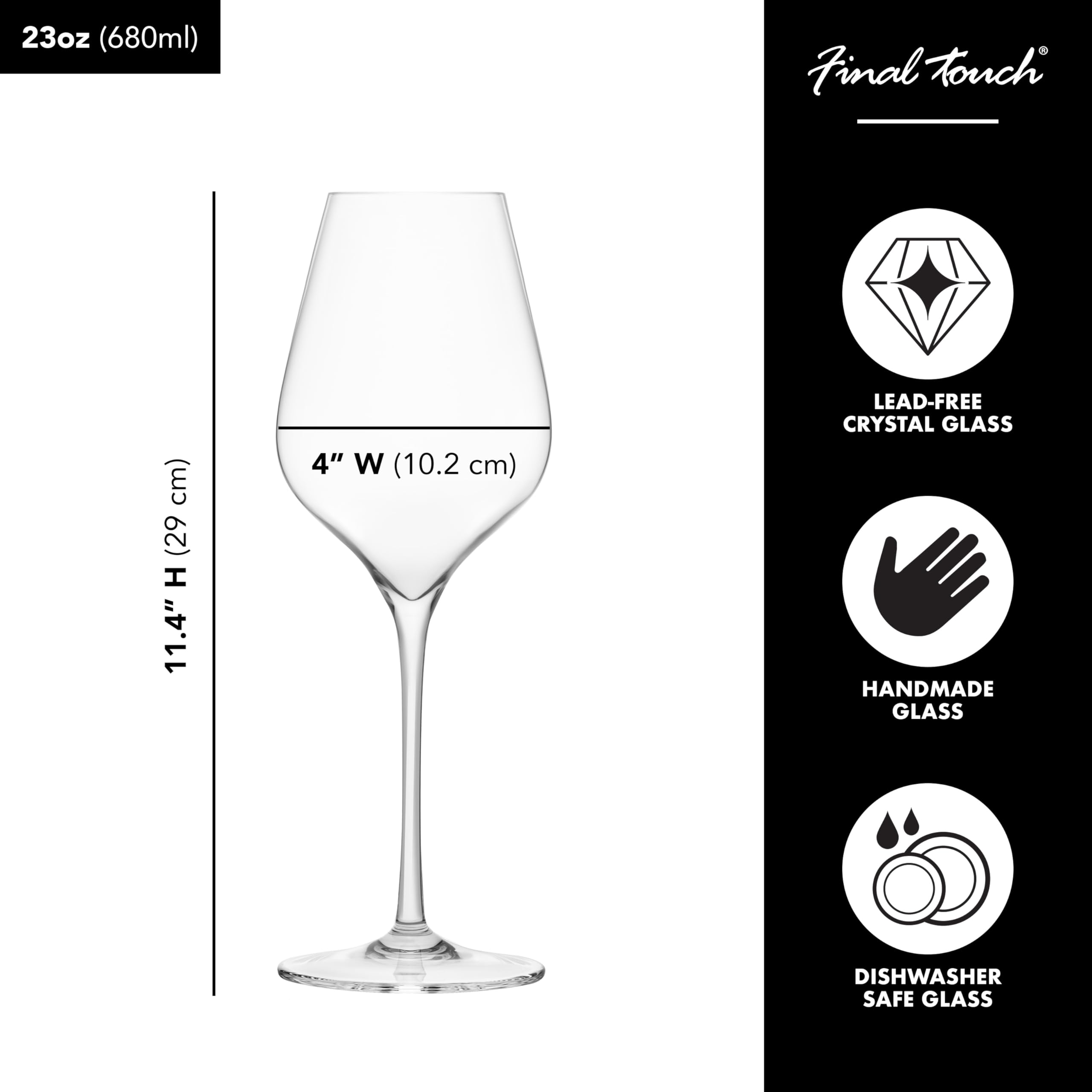 Final Touch - Calici da vino in cristallo per Bordeaux, 100% senza piombo, in DuraShield rinforzato al titanio per una maggiore durata, altezza: 29 cm, capacità: 680 ml, confezione da 2
