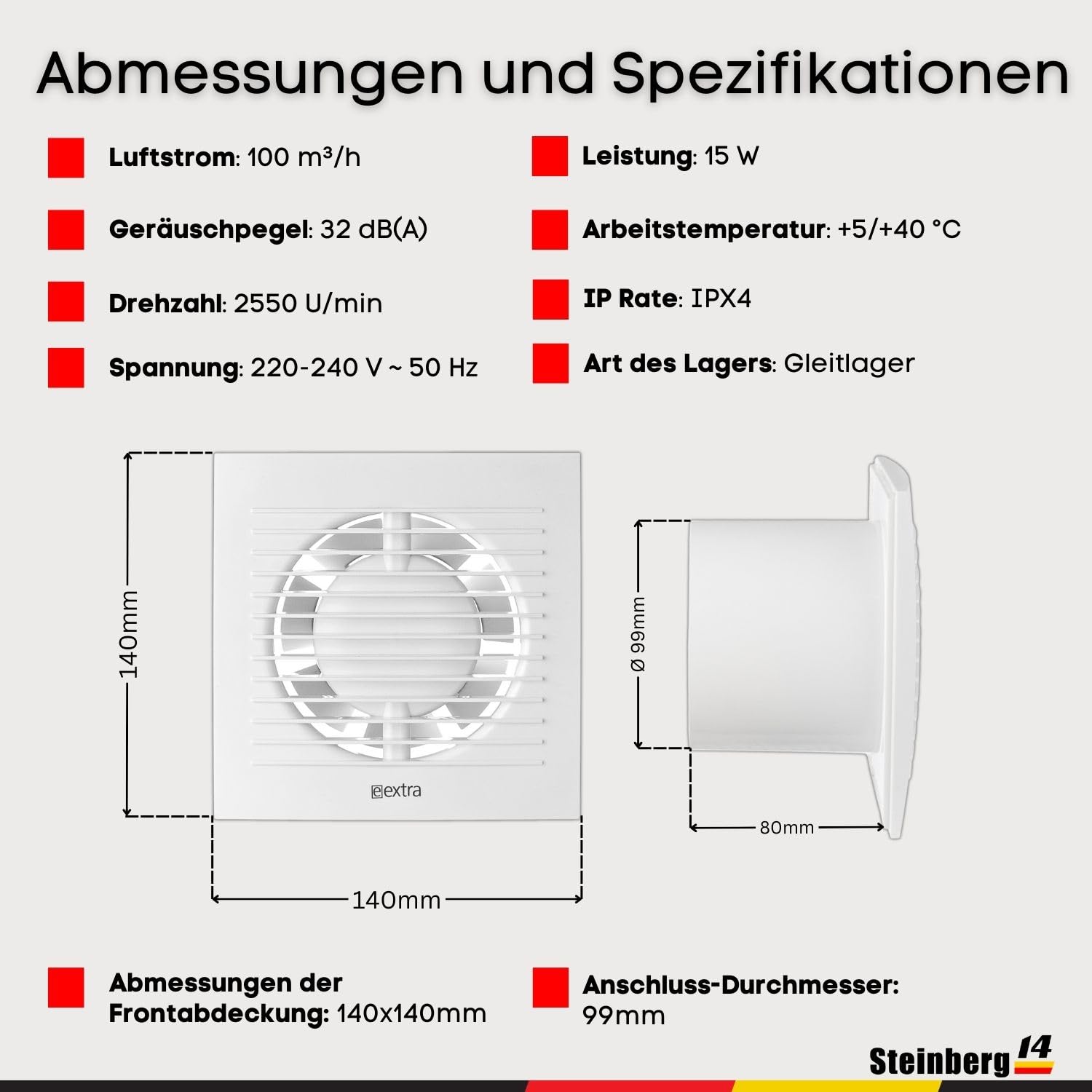 Steinberg14 Badlüfter Ø 100mm mit Feuchtigkeitssensor und Zeitnachlauf (Timer) - Weiß Ventilator