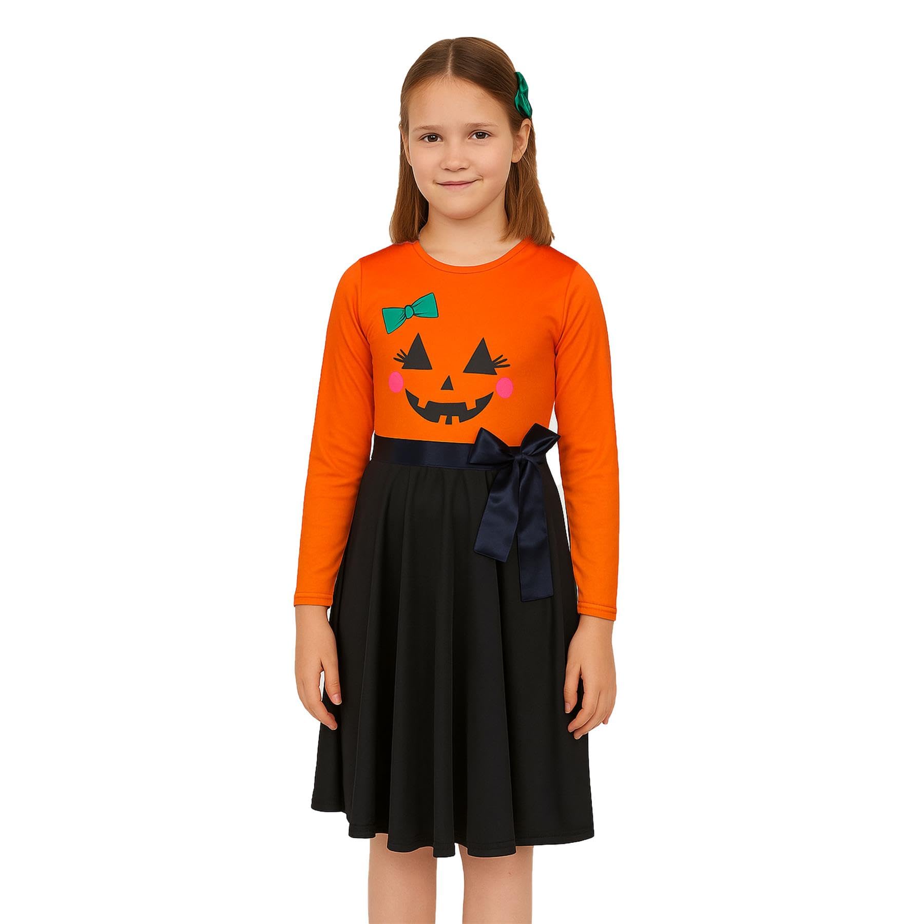 A2z 4 Kids Girls Orange Skater Dress Long Sleeves Contrast Panelled Pumpkin Print - Skater Dress 658 ._13