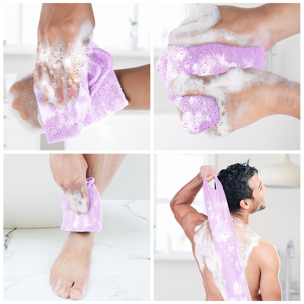 LOPHE Serviette Exfoliante Douche Longue pour le Dos,Gant de Toilette Exfoliant Double Face avec Poignées,Brosse Corps Extensible Nylon Séchage Rapide,Nettoyage en Profondeur Homme Femme,Violet