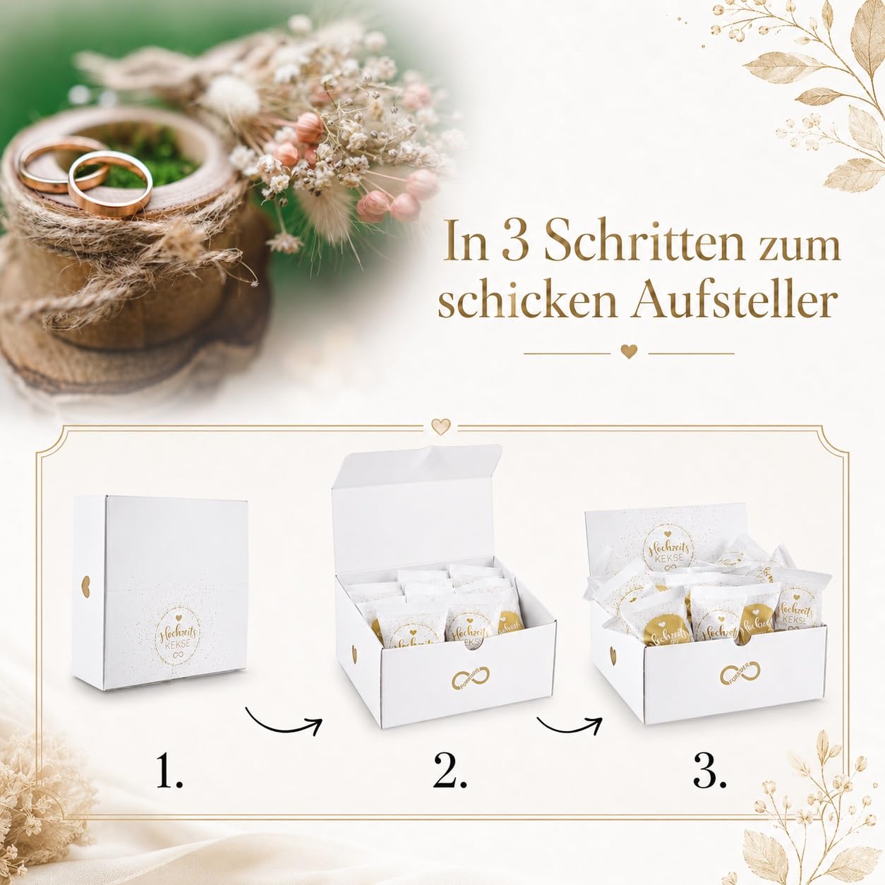 100er Box Hochzeits-Kekse (5 x hübsche 25er Aufsteller) | Glückskeks Hochzeiten als Hochzeitsdeko oder für die Candybar | frisch gebackene und vegane Idee & made in Germany