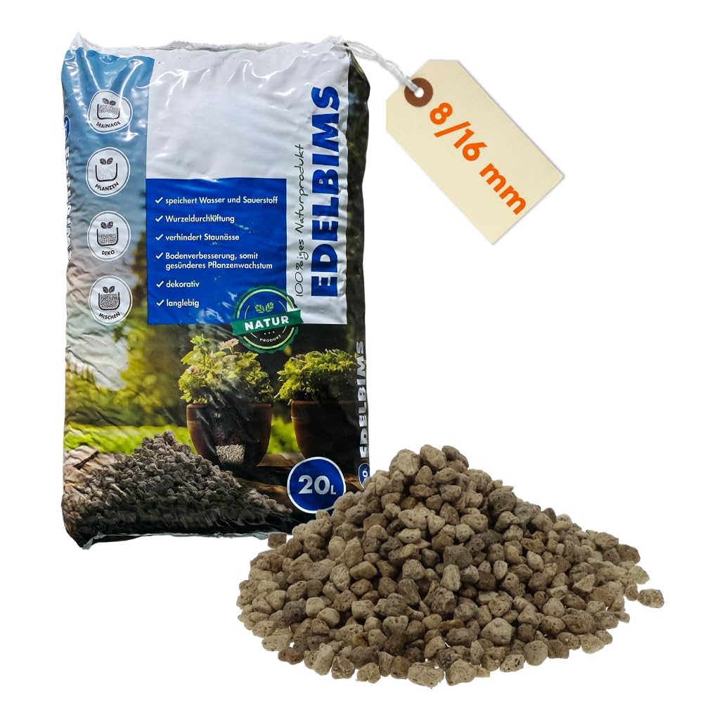 Edelbims 20 L 100% Natürlicher Bimsstein Bims Granulat Bimskies Drainage Pflanzgranulat Hydrokultur Dachbegrünung Mulch Substrat (8/16 mm)