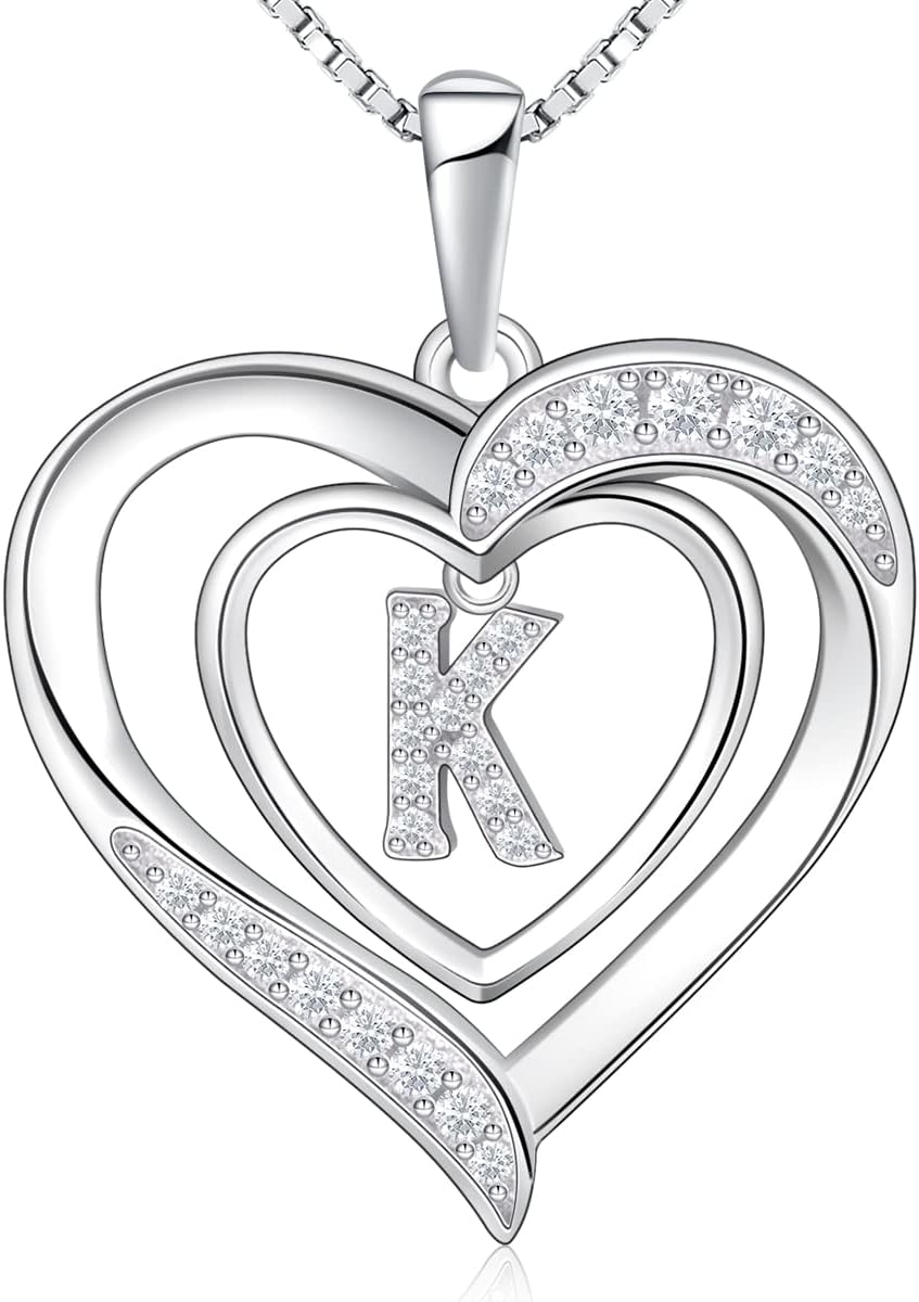 RIVIKO Heart Initial Necklace for Women, 925 Sterling Silver Letter Pendant,Personalized Charm Alphabet Jewelry Valentines Mother's Day Anniversary Christmas Birthday Gifts for Women Her Mom Wife