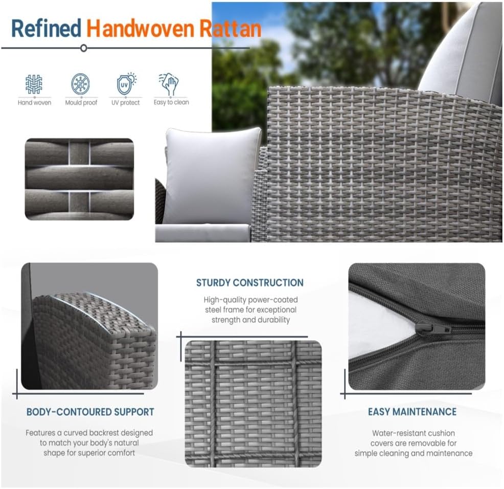 Wicker Patio Conversation Set with Gray Cushions and Tempered Glass Table for Outdoor Living Spaces