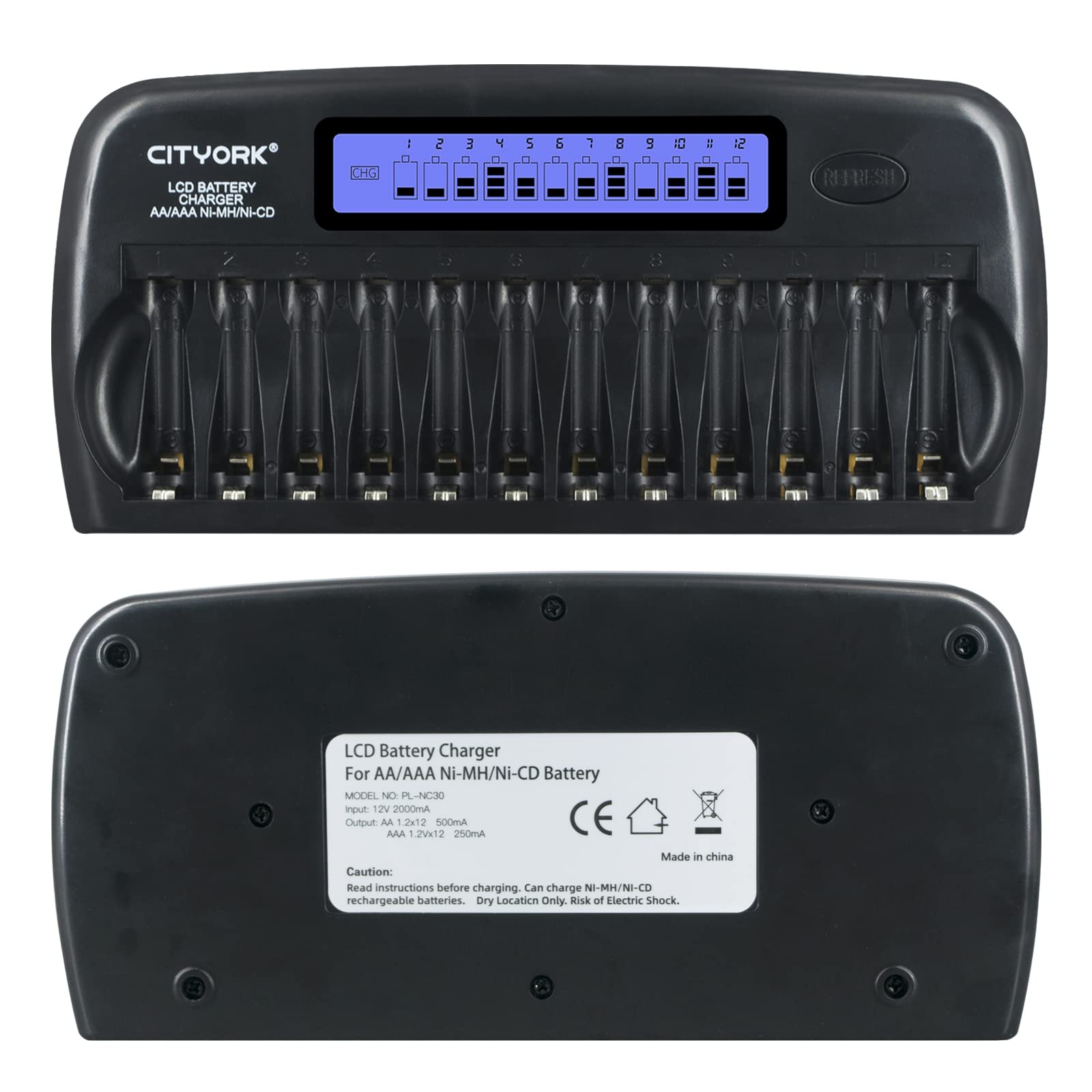 CITYORK Kit de Chargeur de Batterie LCD 12 Baies pour Piles AA AAA NI-MH NI-CD avec 6 Piles AA 3000 mAh et 6 Piles AAA 1100 mAh Rechargeables (Bloc d'alimentation)