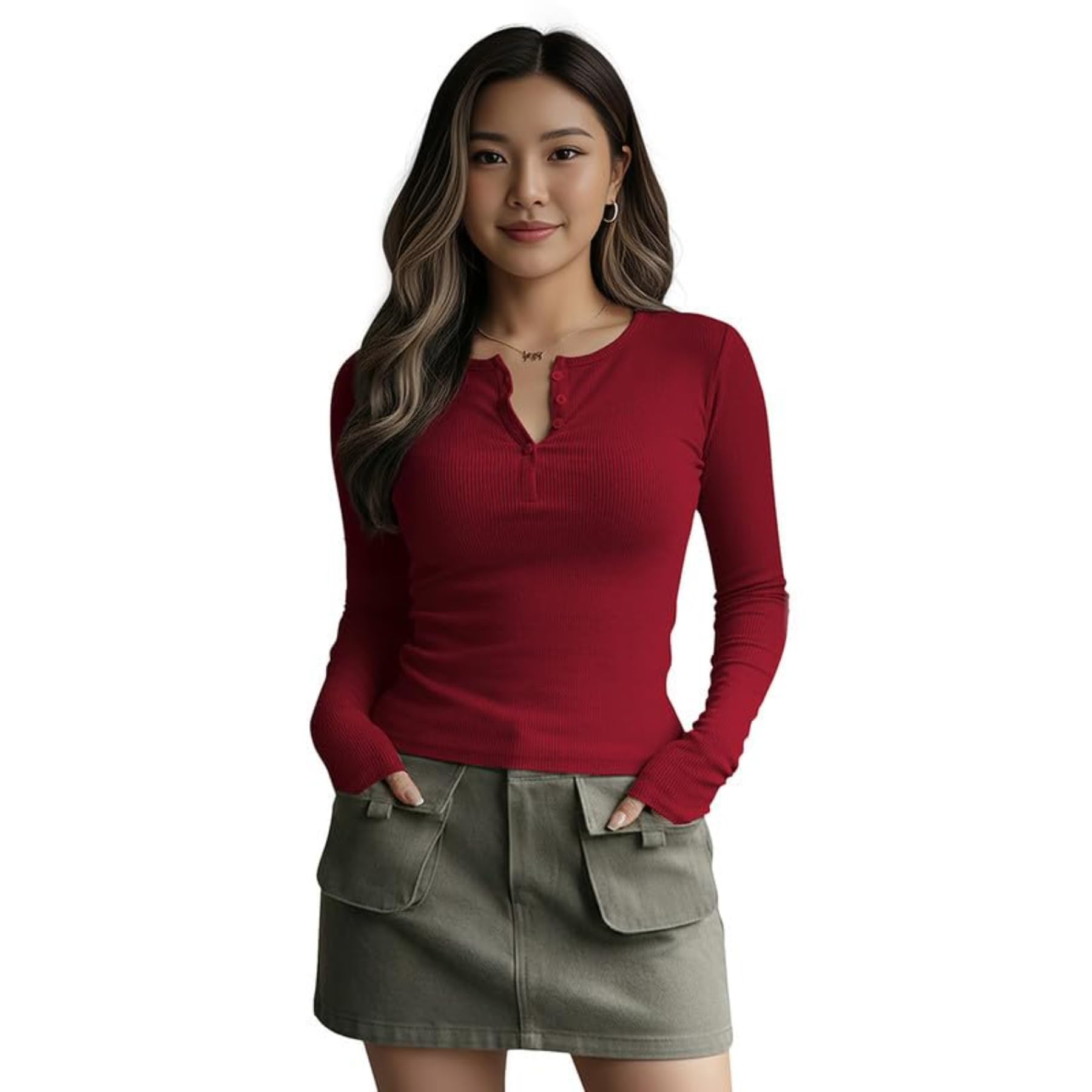navyankaa Women’s Solid Ribbed Henley Top | Long Sleeve Slim Fit Stretchable Casual Tee for Everyday Wear23 Inches(Top-Saiyaraa-P)-picture-33