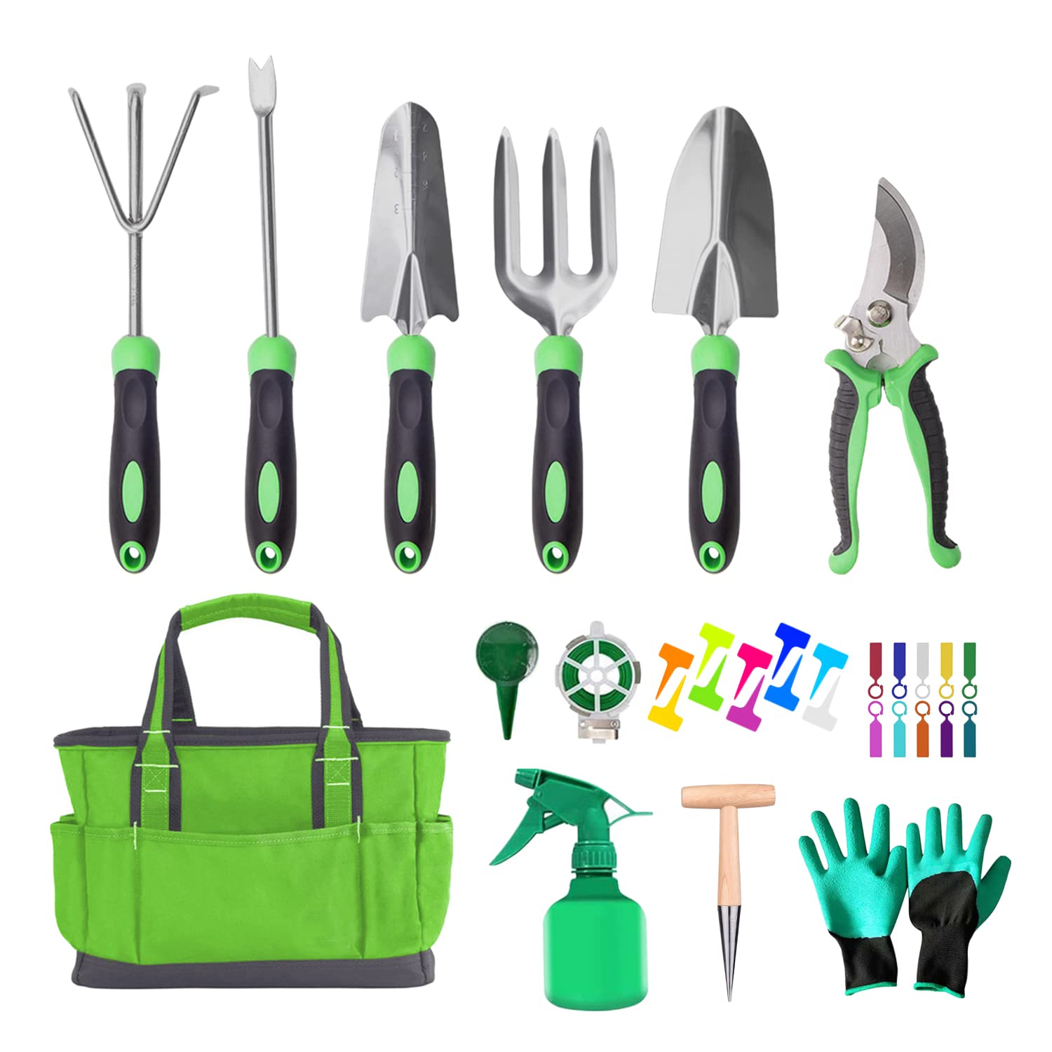 Gardening Tools zestaw 32 narzędzi ogrodowych ze stali nierdzewnej, z ergonomicznymi gumowymi uchwytami i torbą do przechowywania, zestaw upominkowy do pielęgnacji ogrodu, prac ogrodowych