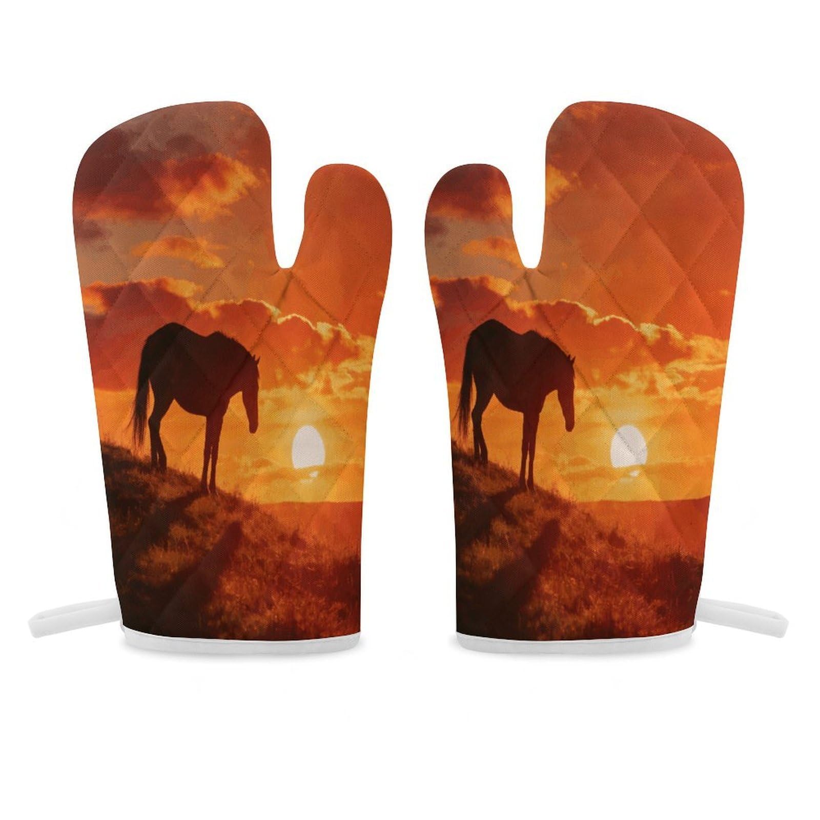 Horse and Sunset Oven Mitt Heat Resistant Potholder Set,Durable Oven Gloves for Gifts,Glove Pot Holder for Cooking Baking Grilling BBQ