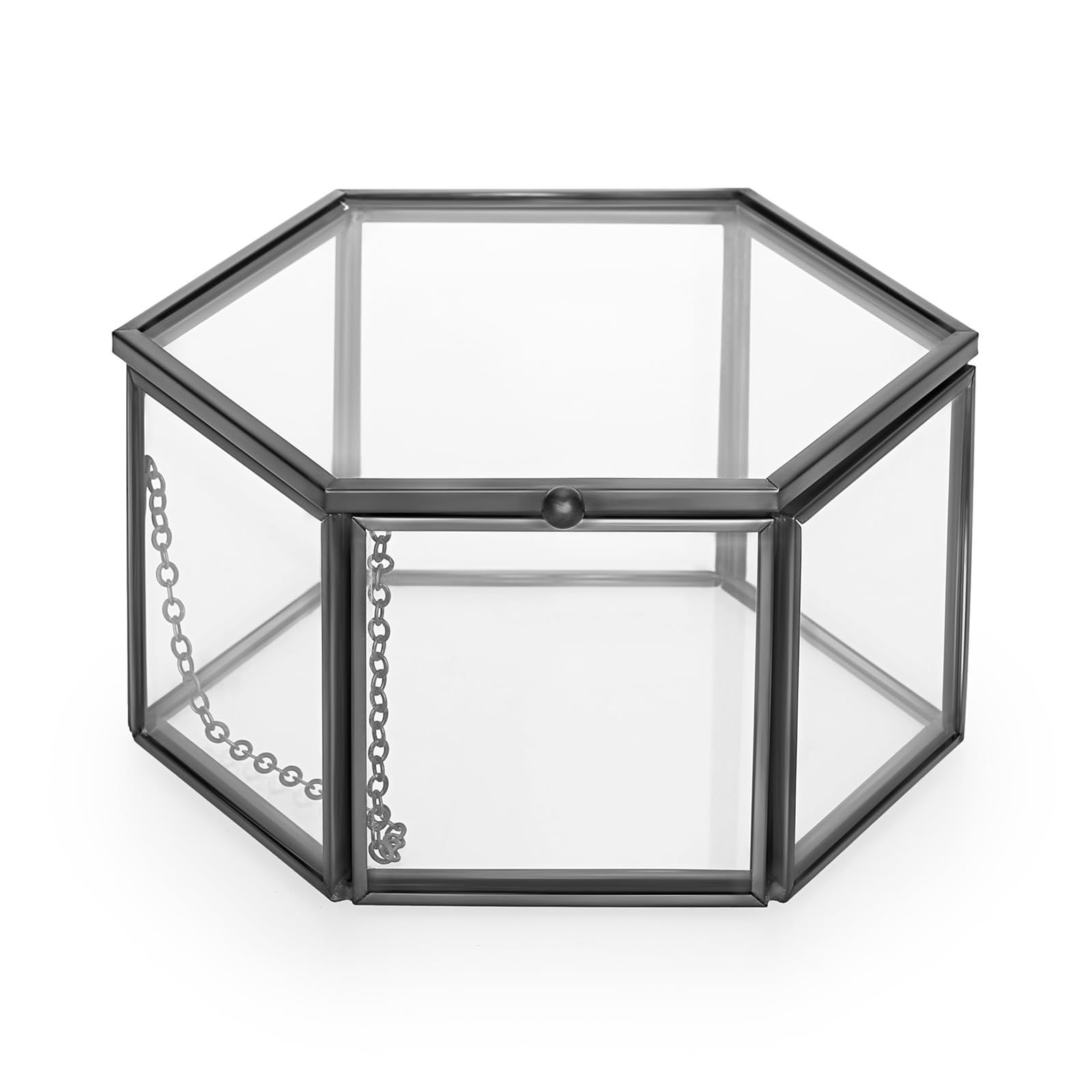 Joyero de cristal negro de metal hexagonal con acabados de alta calidad