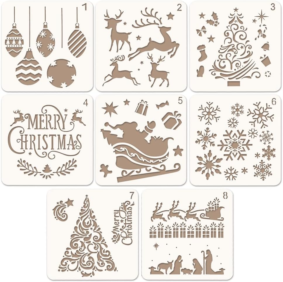 Coogam 8 Pcs Christmas Stencils Template - Reusable Plastic Craft for Art Drawing Painting Spraying Window Glass Door Car Body Wood Journaling Scrapbook Holiday Xmas Snowflake DIY Decoration 5x5 inch