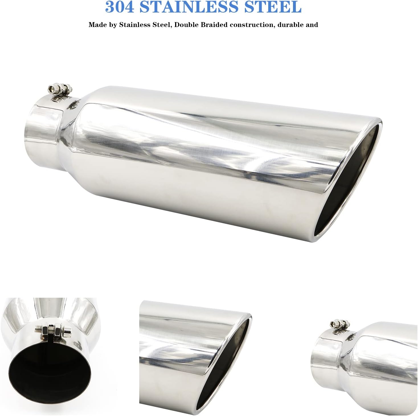 RP Remarkable Power, 4" Inlet 6" Outlet 18" Long Exhaust Tip, Stainless Universal Tip for Outer Diameter Tailpipe, Rolled Angle Cut, Bolt-On, Polished