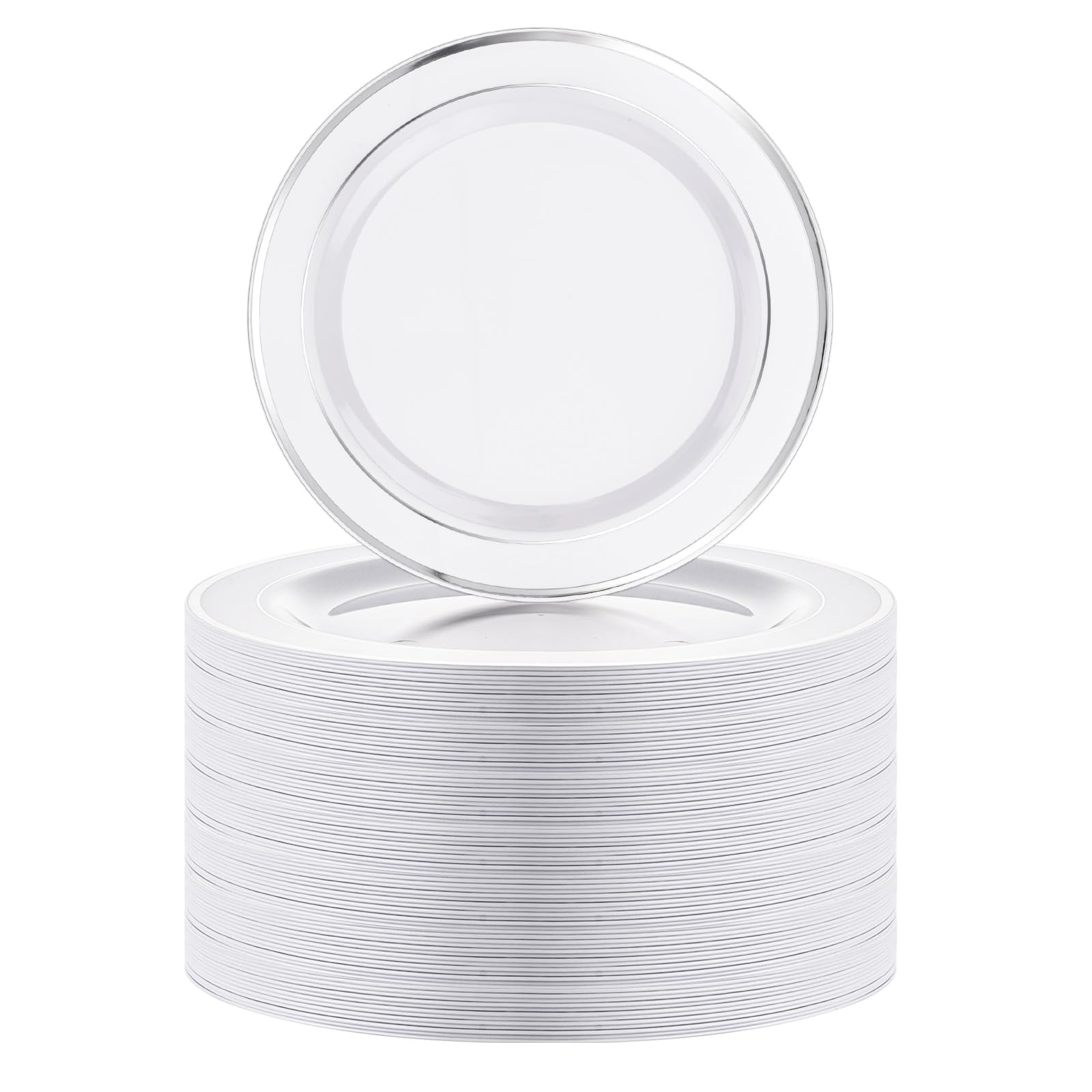 SENENQU Lot de 40 assiettes en plastique réutilisables de 26 cm avec bord argenté - Assiettes à dîner en plastique incassable pour mariage, fête d'anniversaire, restauration