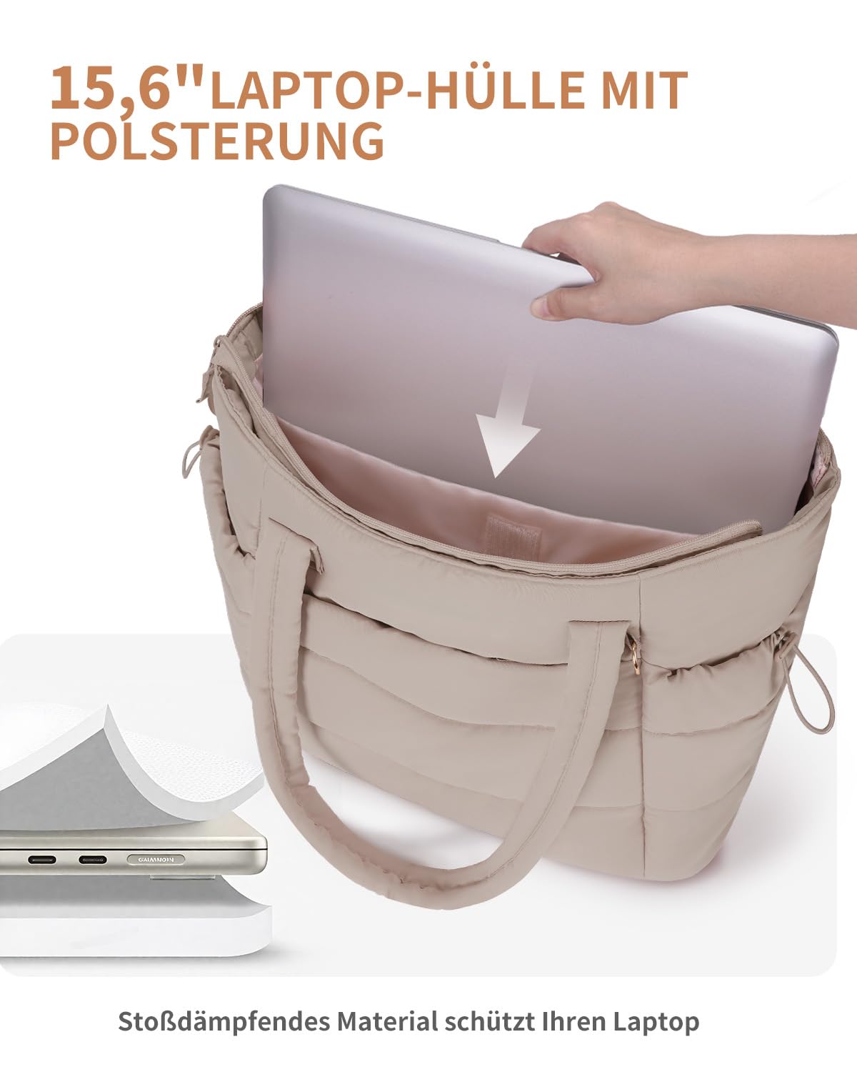 Wandering Nature Handtasche Damen Tote Bag 2-Tlg Puffer Shopper Tasche mit Laptopfach (15,6 Zoll) & Getränkehalter (40oz/1.18l), Ideal für Arbeit Schule Reisen Shopping (Patent Angemeldet)