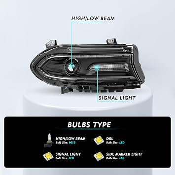 TUSDAR Halogen Headlight Assembly Replacement for 2015-2023 Dodge Charger