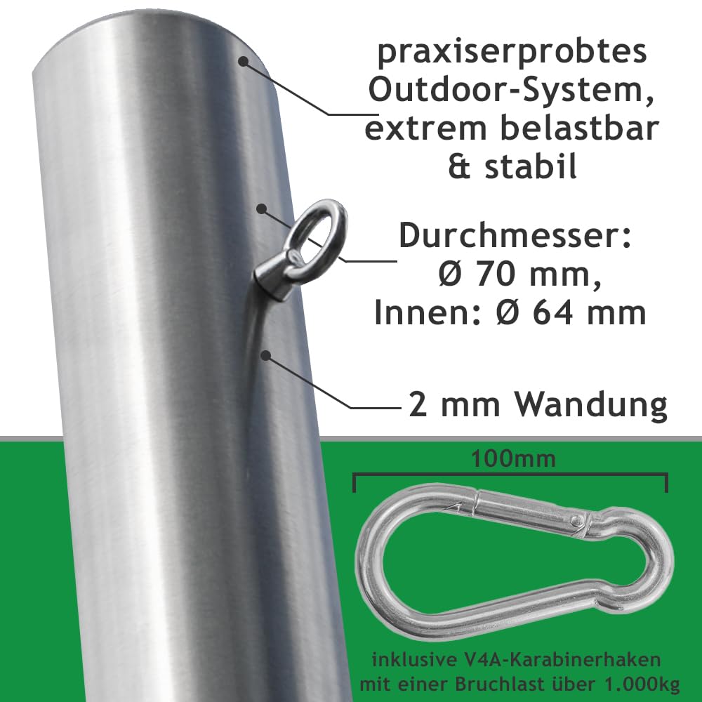 2x Hängematten-Pfosten Ø 70 mm, 1,95 m, wetterfest, bis 90 kg (1 Person)