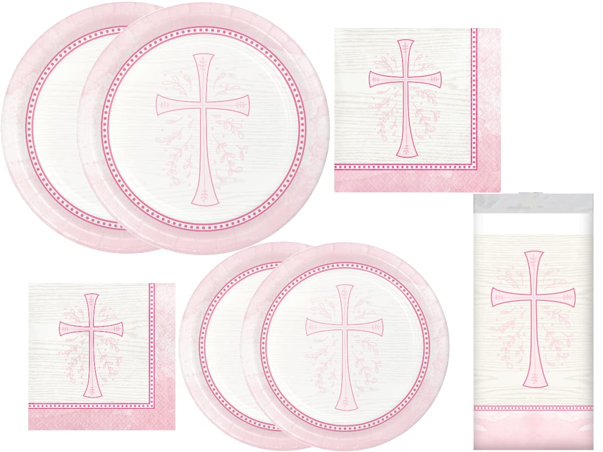 Party Creations Pink Devotion Cross Religious Party Supplies - Disposable Tableware Kit - Communion Baptism Bundle Includes Plates, Napkins, and Table Cover for 16 Guests