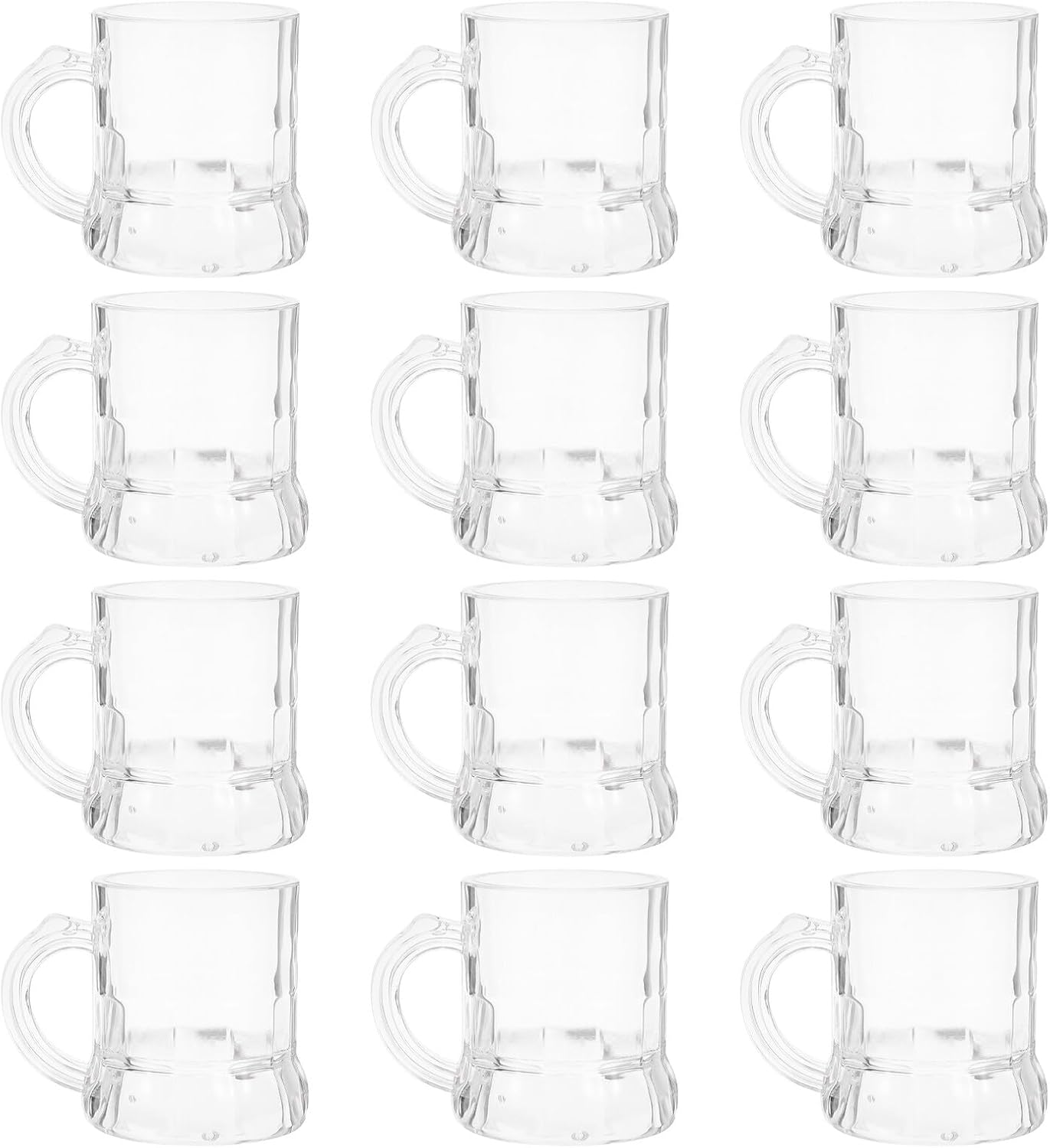 OUNONA Miniature Plastic Beer Mugs 30ml Shot Glasses with Handles 12pcs Set for Party Bbq Tasting Disposable Drinkware for Festivals and Picnics