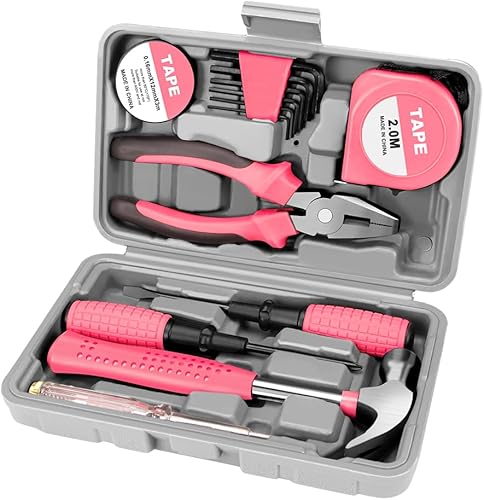 Juego de herramientas rosa de 13 piezas, mini caja de herramientas para mujeres. Kit de herramientas para el hogar con caja de herramientas de