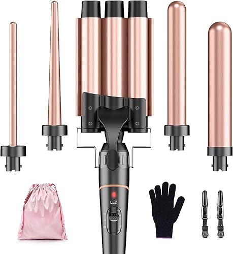 BESTOPE PRO Waver - Plancha rizadora de pelo de 3 barriles, juego de varita rizadora 5 en 1, varita de calentamiento rápido con 2 clips, rizador de