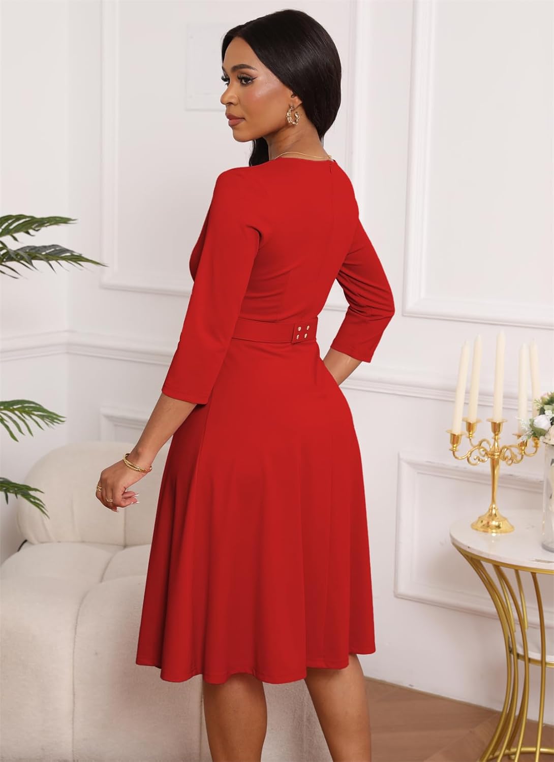 Elainone Womens 3/4 Sleeves Casual A Line Dress with Belt Church Work Wedding Guest Semi Formal Dresses - Image 5