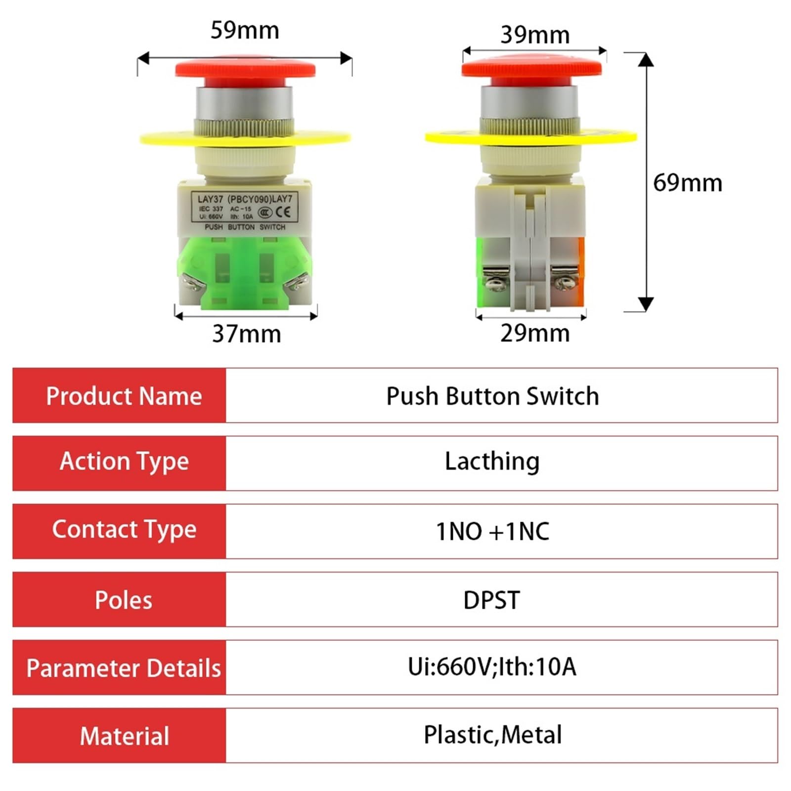 Interruptor de botón de parada de emergencia DPST, tapa de hongo roja, 1NO, 1NC, CA 660 V, 10 A, con enclavamiento y bloqueo automático, for ascensores, 2 unidades(30pcs)