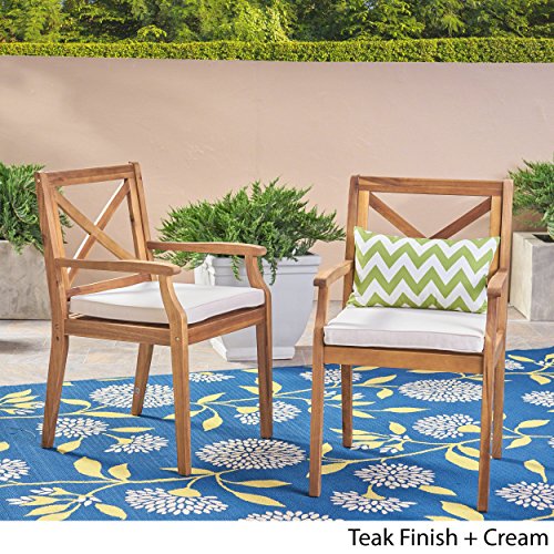 Christopher Knight Home Peter | Outdoor Acacia Wood Dining Chair Set Of 2, Teak/Cream Cushion #TOP2