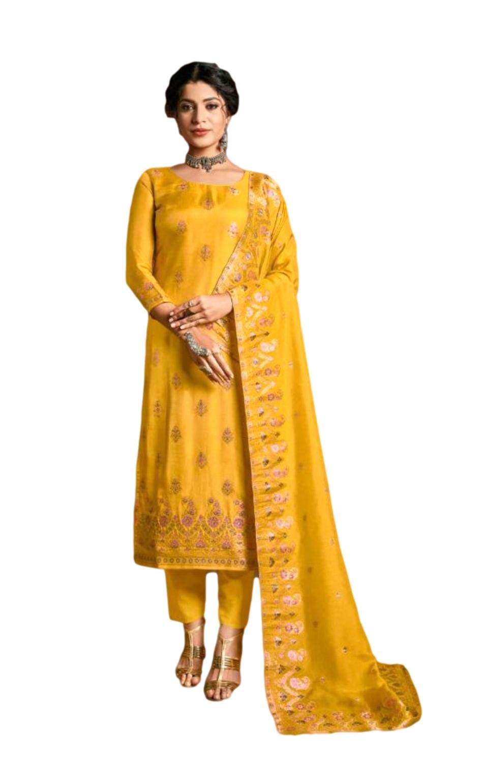 Women's Pure Russian Minakari Jacquard Silk Dress Material - Unstitched - Yellow