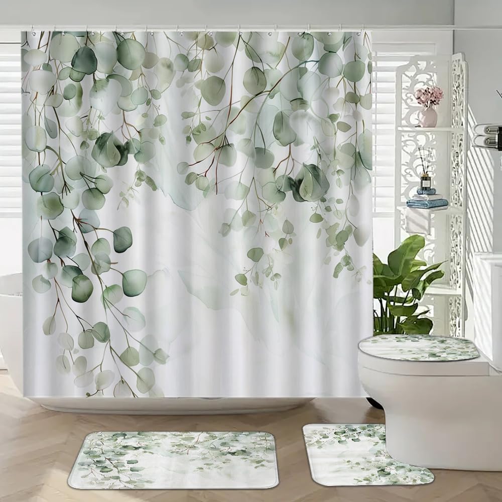 Rustic Leaves Shower Curtain Set 4PCS with Bath Mat & Toilet Cover - Waterproof Polyester 72x72 Inches, Non-Slip Rug, 12 Hooks,Abstract Watercolor Eucalyptus Plant Bathroom Decor