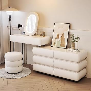White Vanity Set - Luxury Makeup Vanity with Smart LED Mirror & Chair, Rock Slab Desktop, Solid Wood Vanity Table Include 8 Drawers, Suitable for Bedroom 31.5
